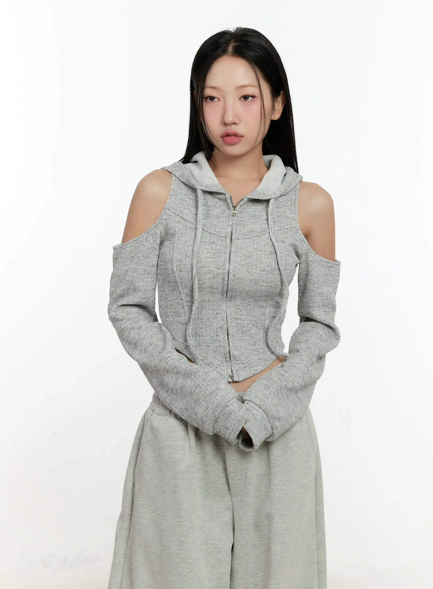 Ribbed Shoulder Cut-Out Hoodie CN506 - Image 10