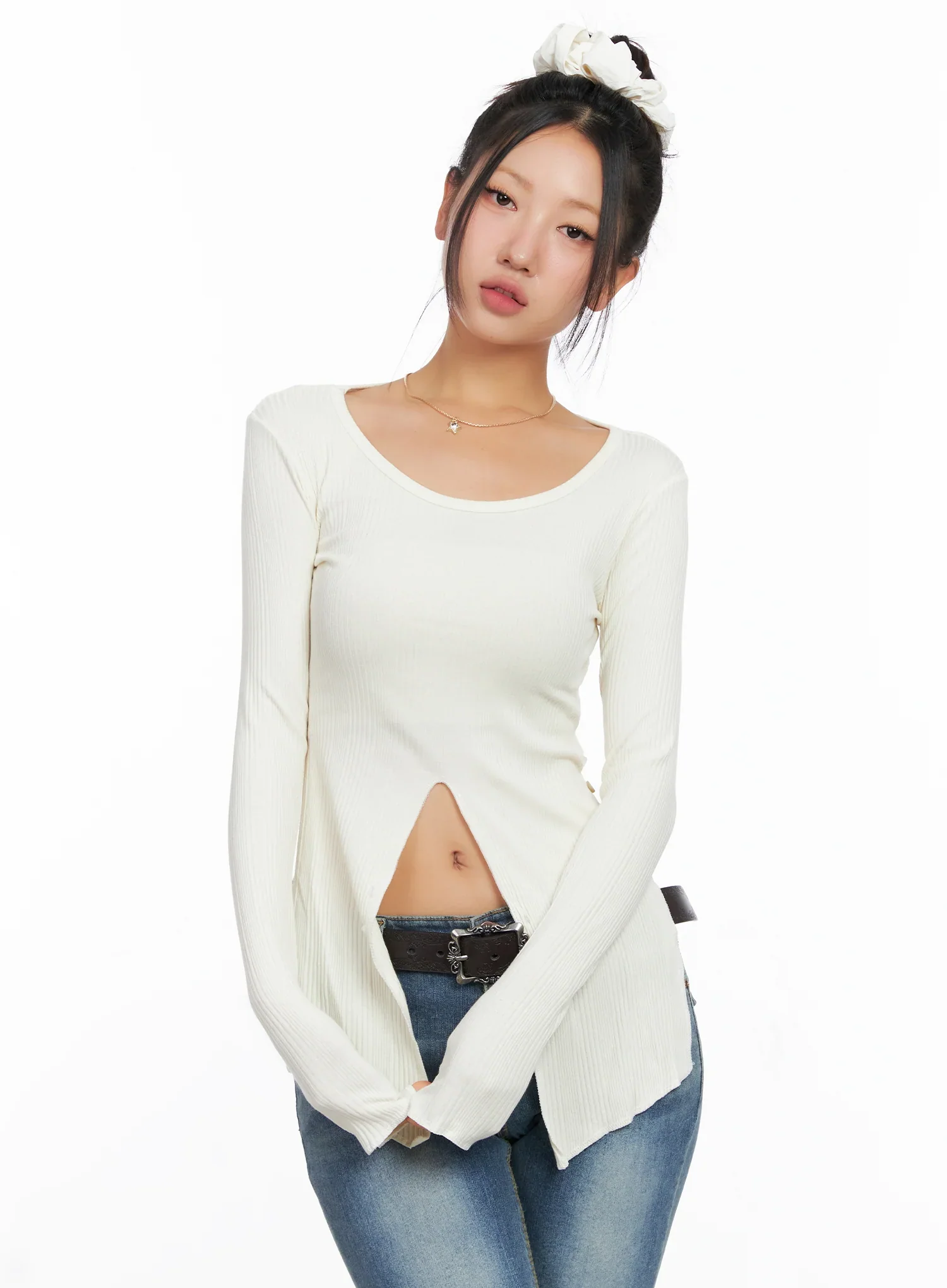 Ribbed U-Neck Button Detail Long Sleeve Top CO514 - Image 8