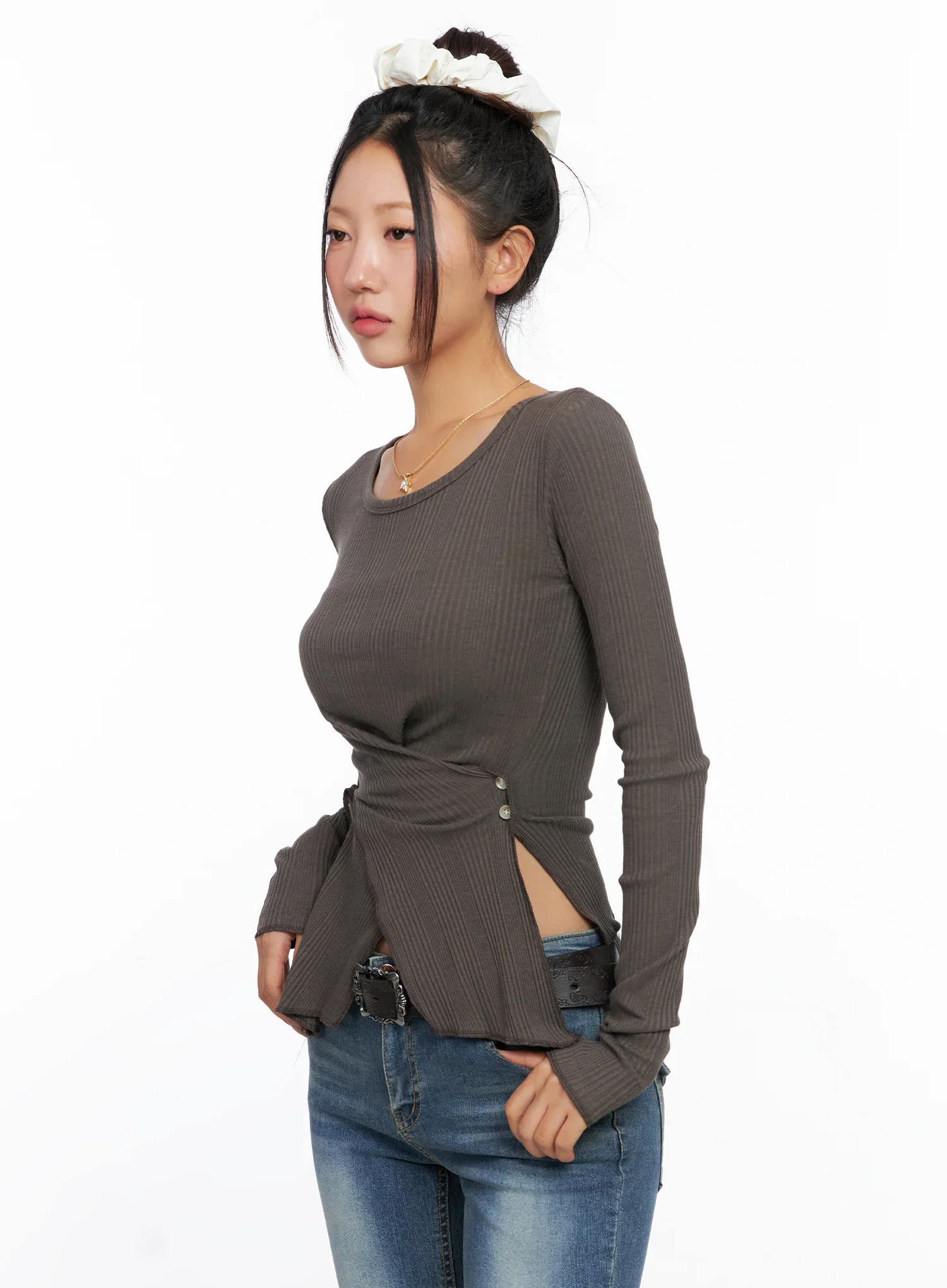 Ribbed U-Neck Button Detail Long Sleeve Top CO514 - Image 9