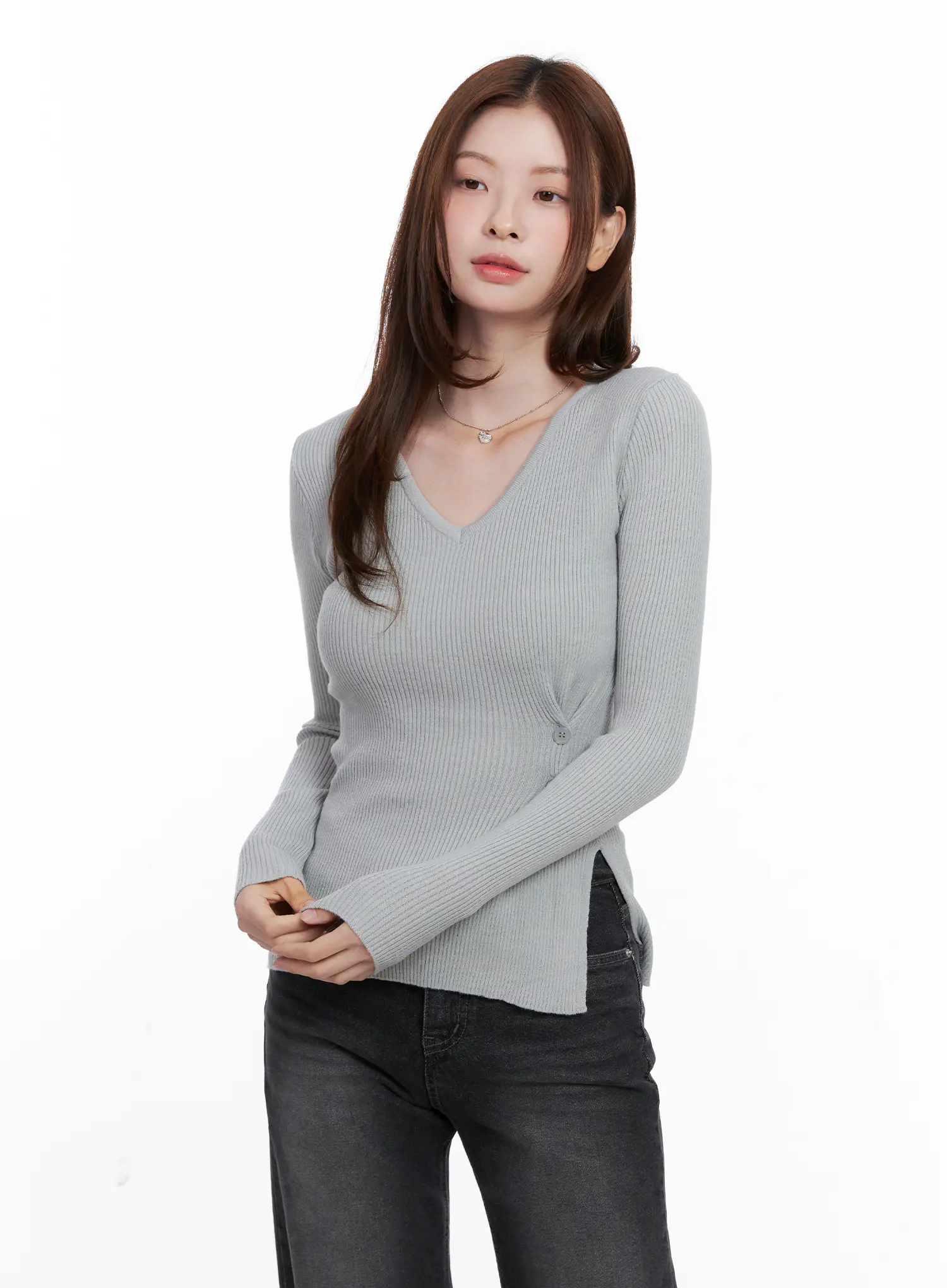 Ribbed V-Neck Long-Sleeve Knit Top CG521
