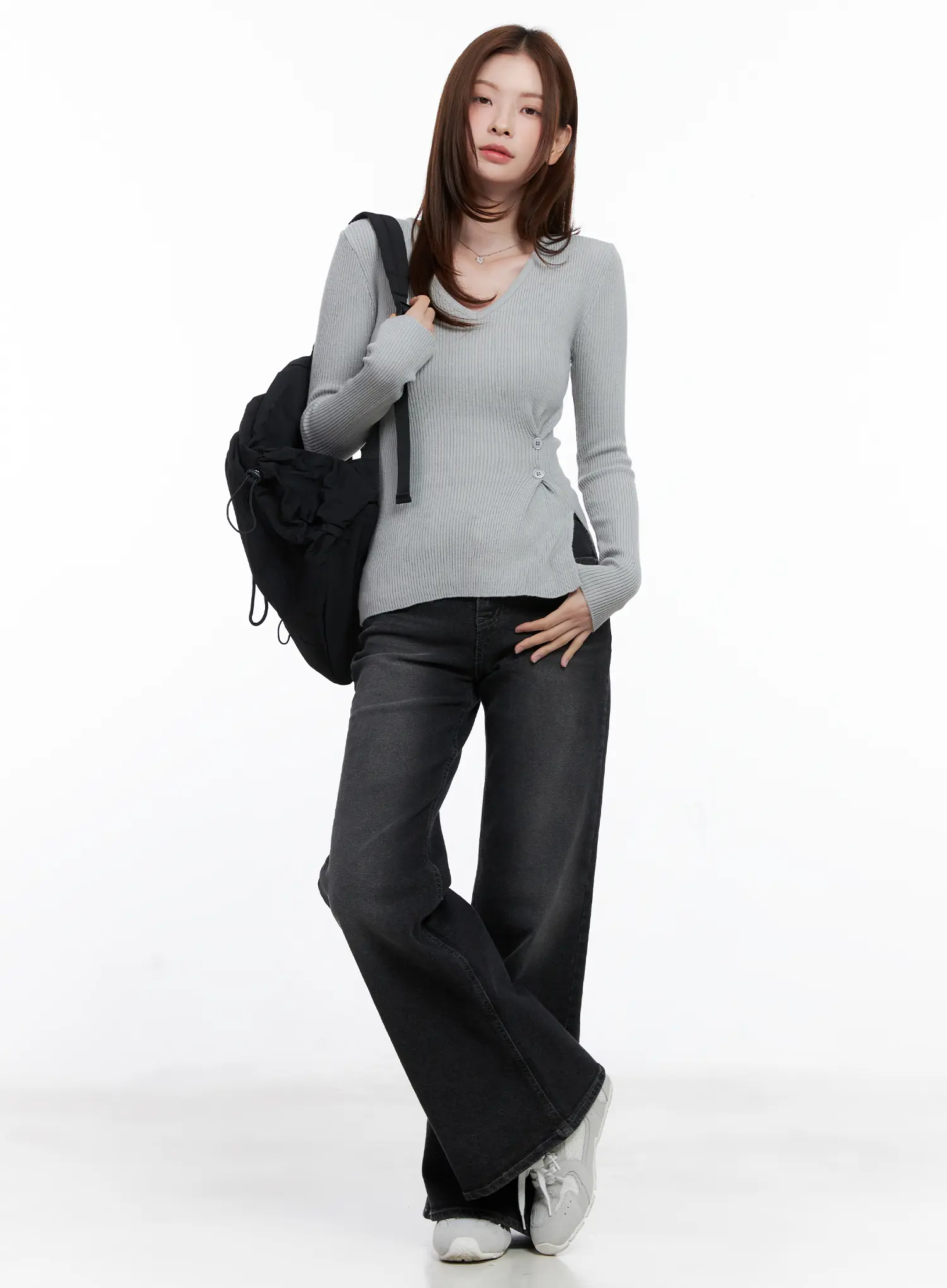 Ribbed V-Neck Long-Sleeve Knit Top CG521 - Image 2