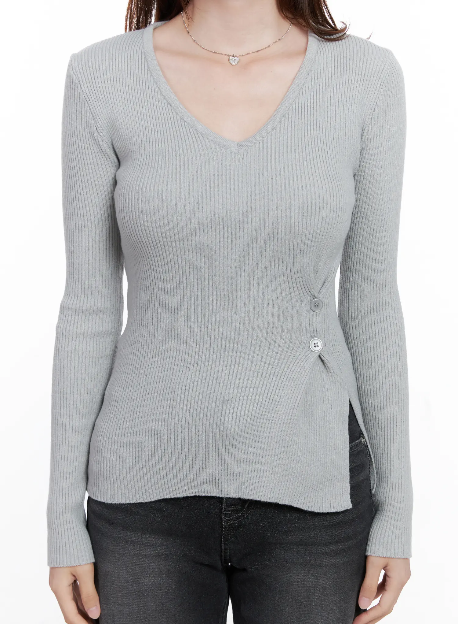 Ribbed V-Neck Long-Sleeve Knit Top CG521 - Image 3