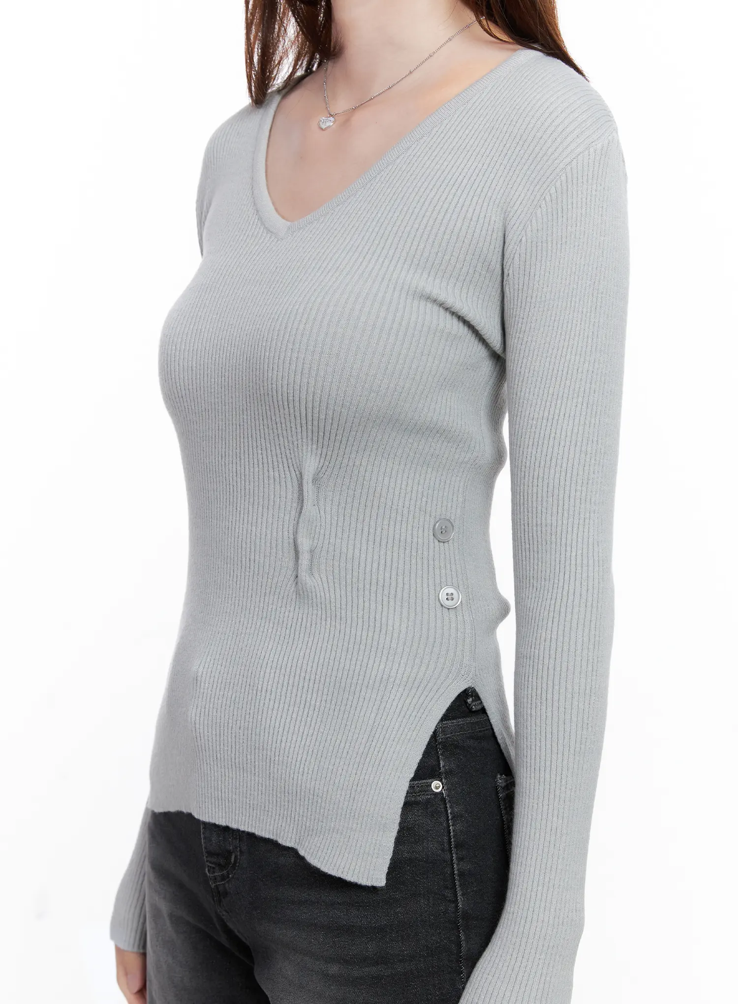 Ribbed V-Neck Long-Sleeve Knit Top CG521 - Image 4