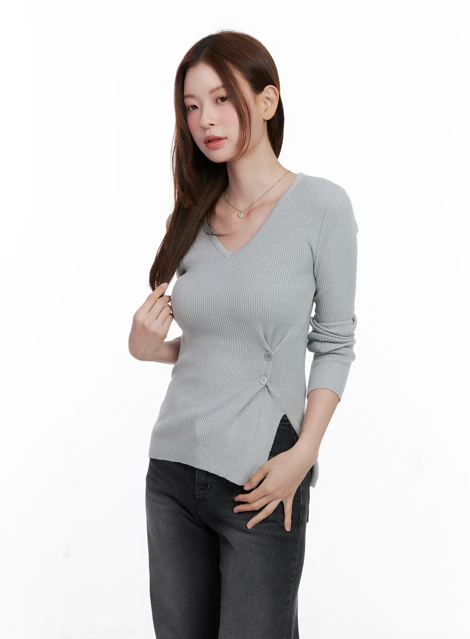 Ribbed V-Neck Long-Sleeve Knit Top CG521 - Image 5