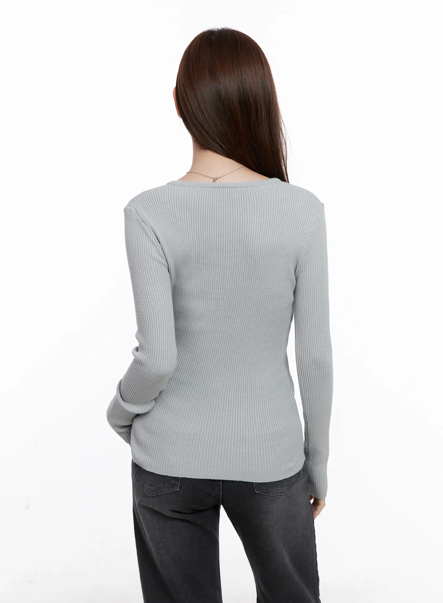 Ribbed V-Neck Long-Sleeve Knit Top CG521 - Image 7