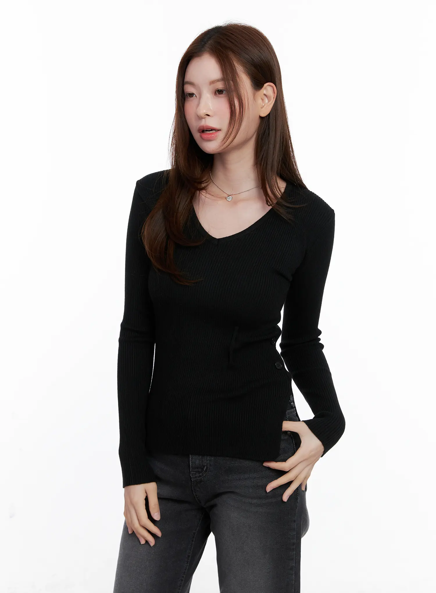 Ribbed V-Neck Long-Sleeve Knit Top CG521 - Image 9