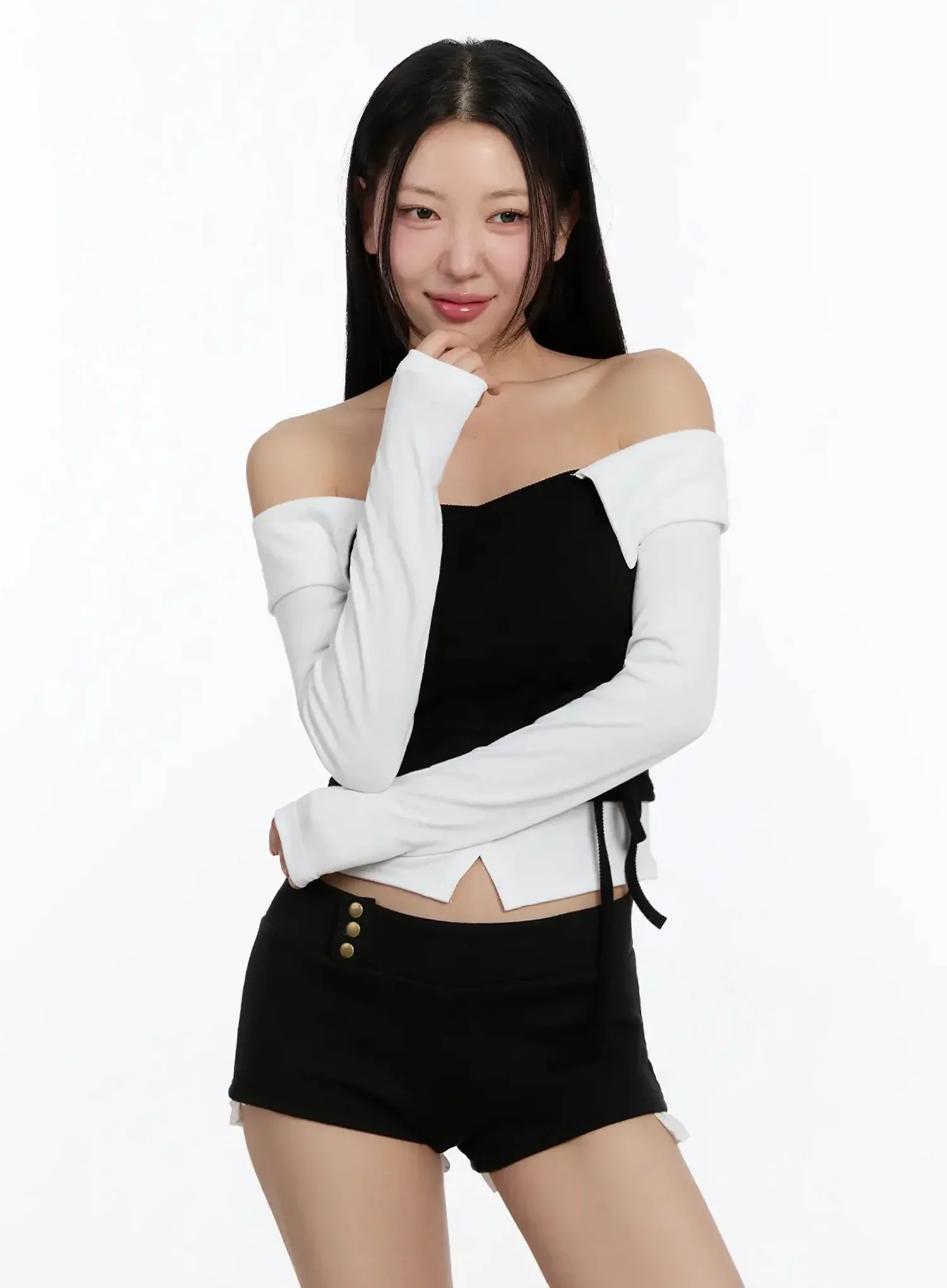Ribbon-Tie Collared Off-Shoulder Top IM509 - Image 7