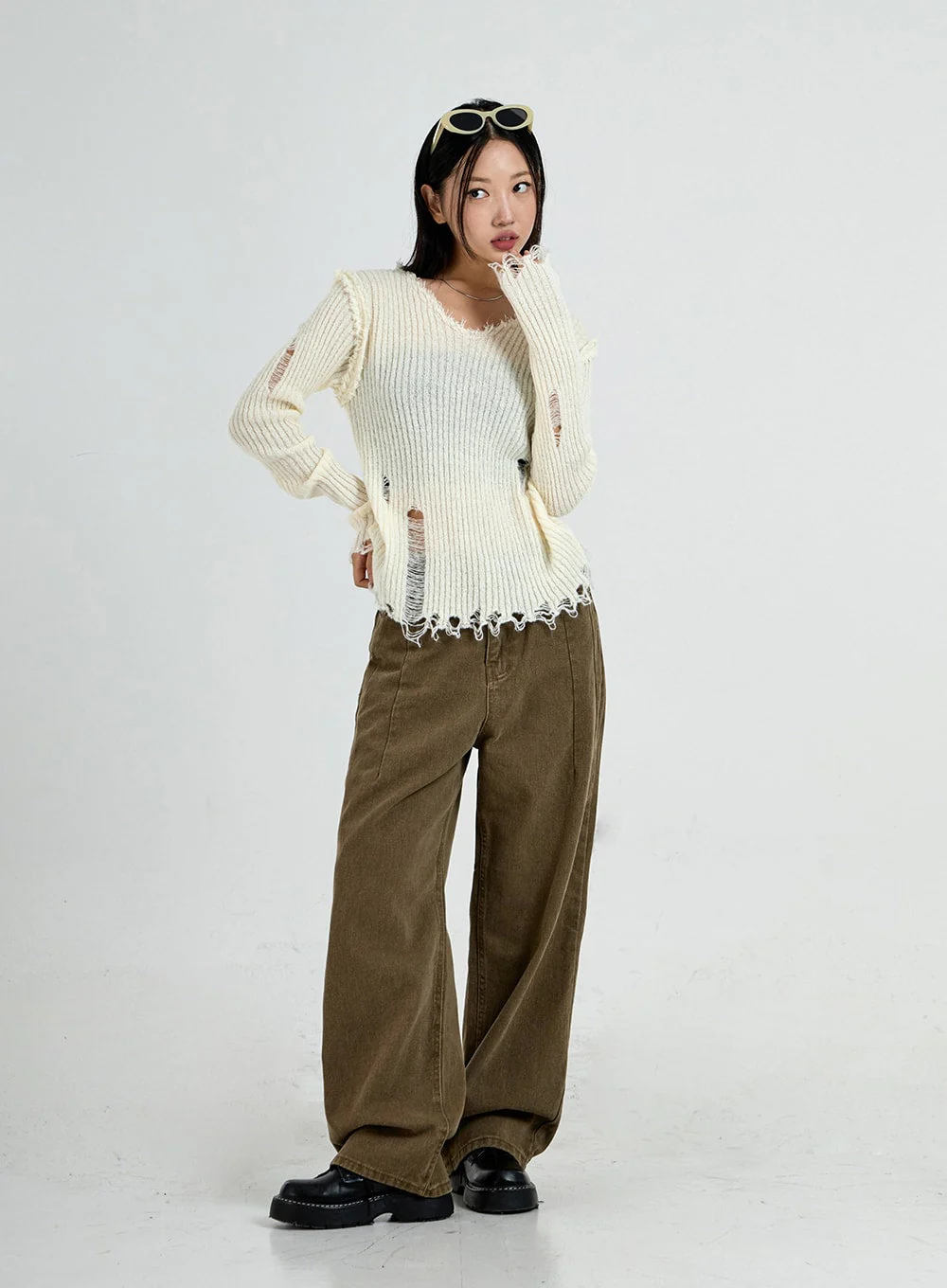Ripped V-Neck Knit Top CO13 - Image 3