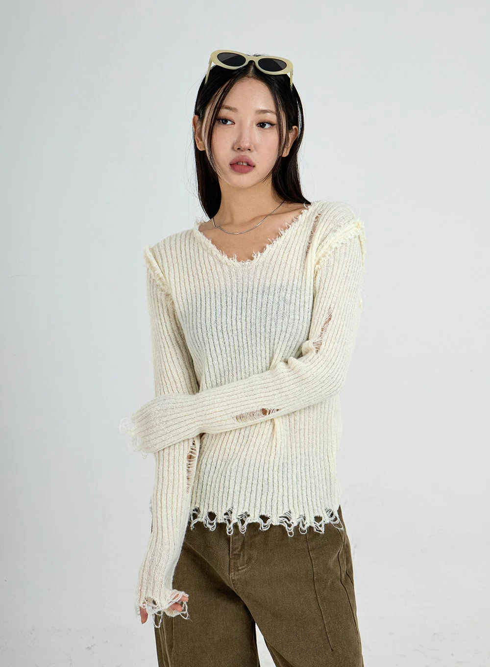 Ripped V-Neck Knit Top CO13 - Image 9