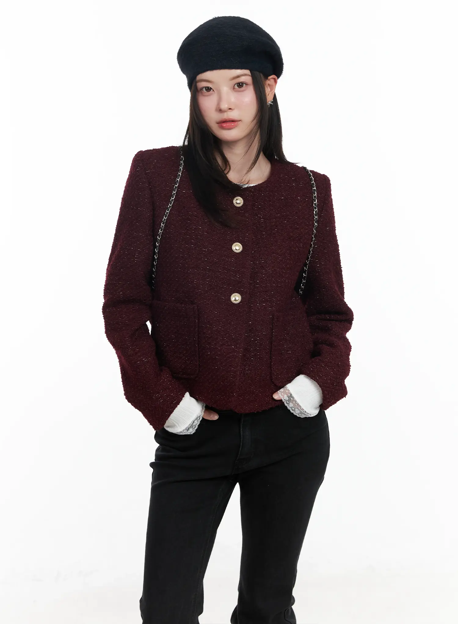 Round Neck Buttoned Tweed Jacket IF520