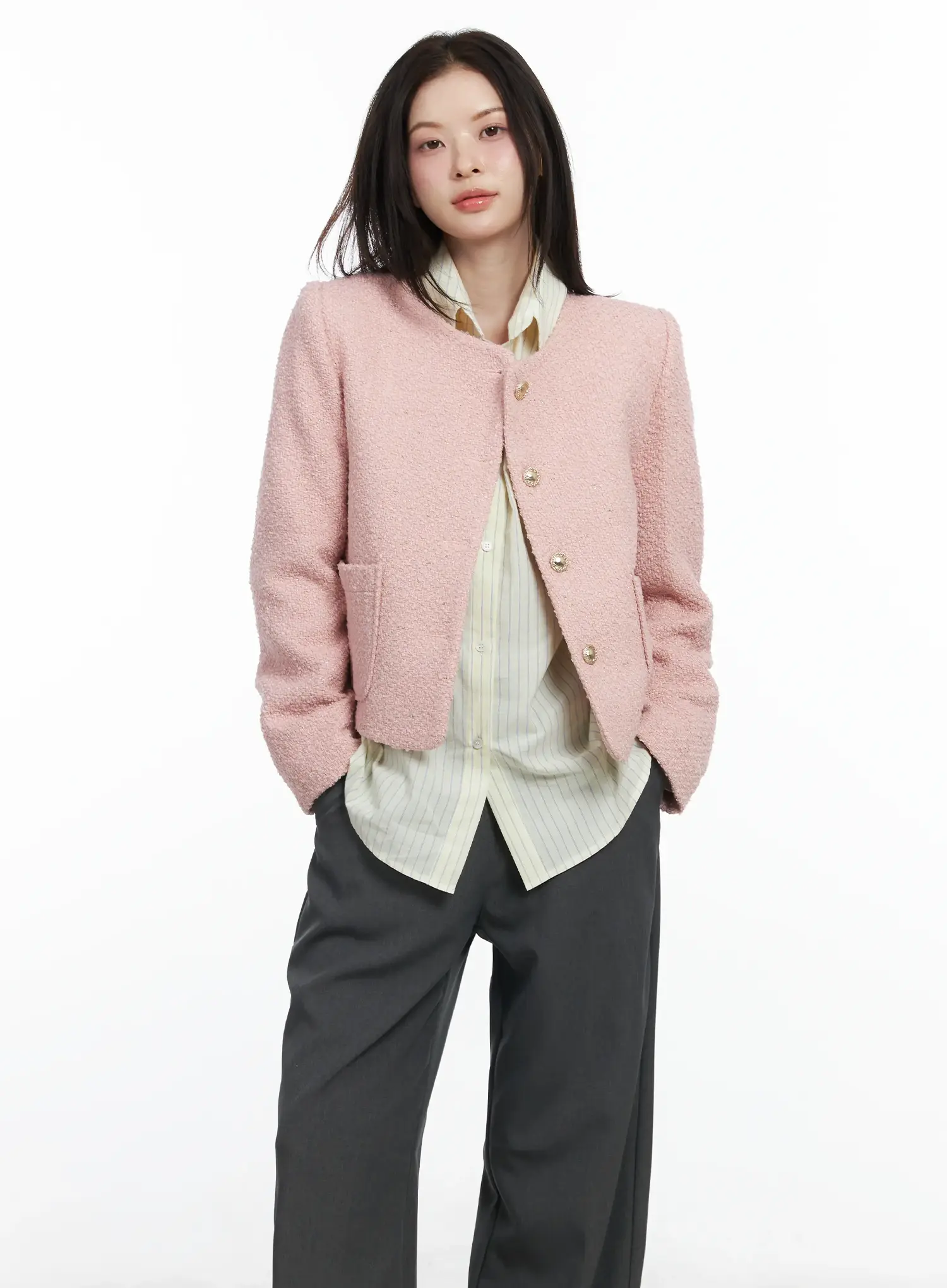 Round Neck Buttoned Tweed Jacket IF520 - Image 2