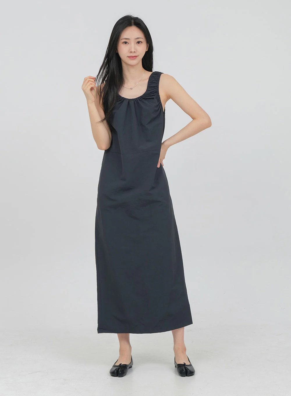 Round Neck Shirring Nylon Maxi Dress OA14 - Image 6