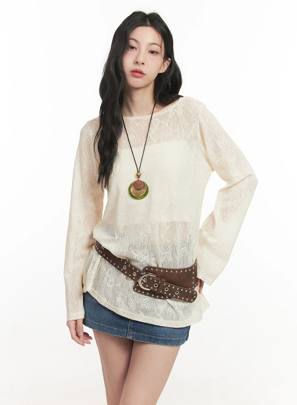 Round Wooden Studded Necklace CF513 - Image 2