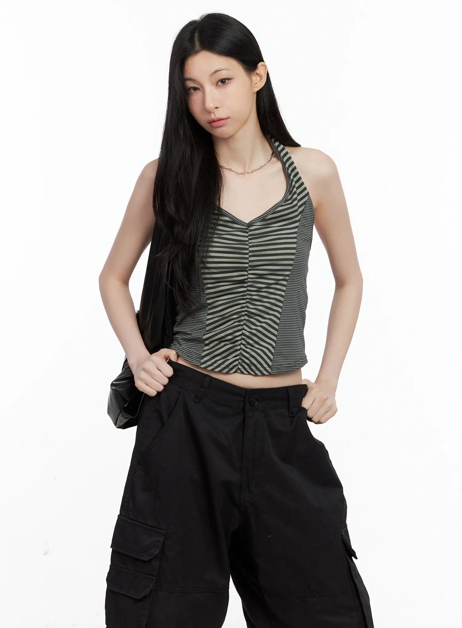 Ruched Striped Halter Top CU530