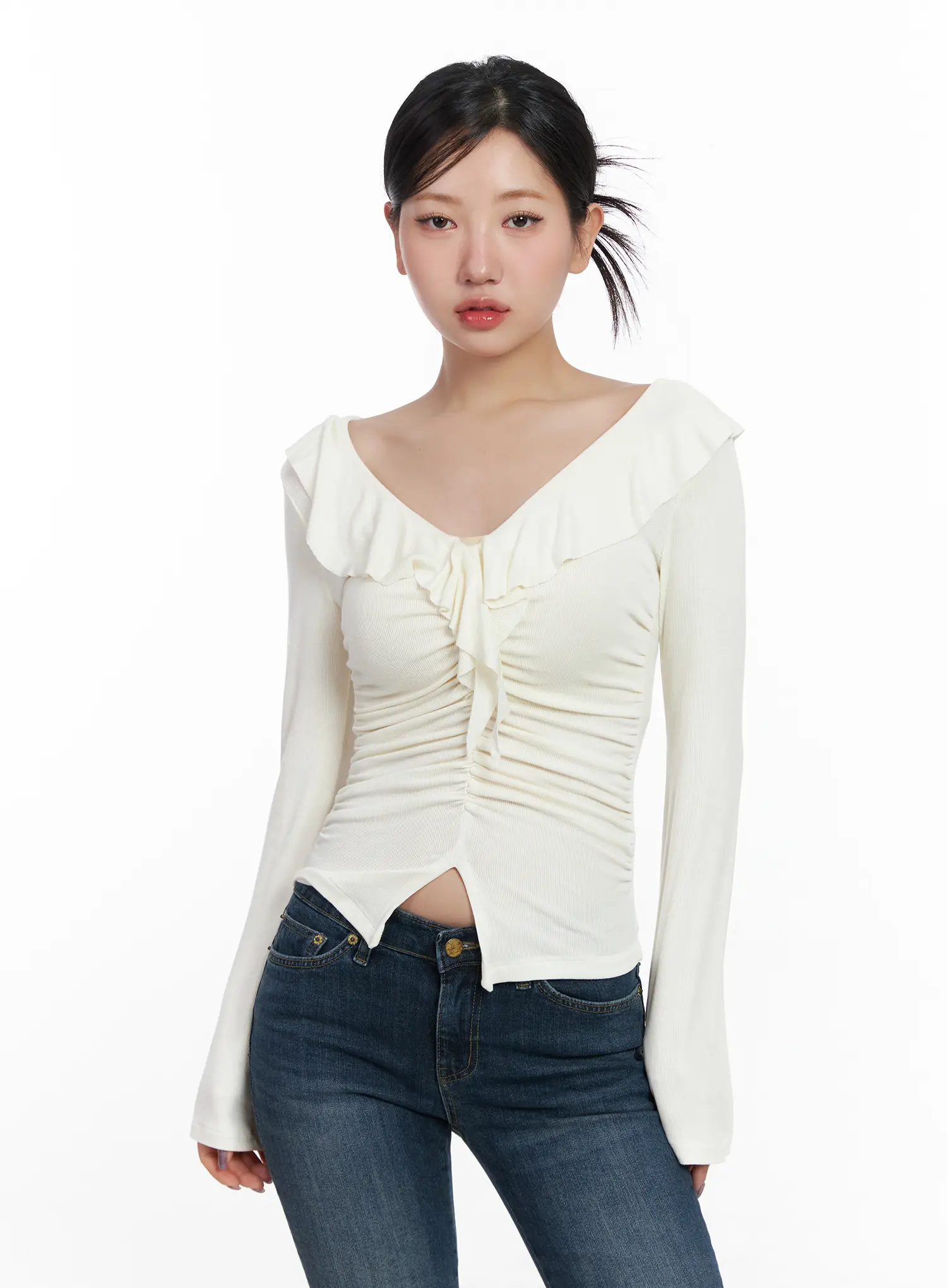 Ruffle Shirred V-Neck Long Sleeve Top CJ530 - Image 9