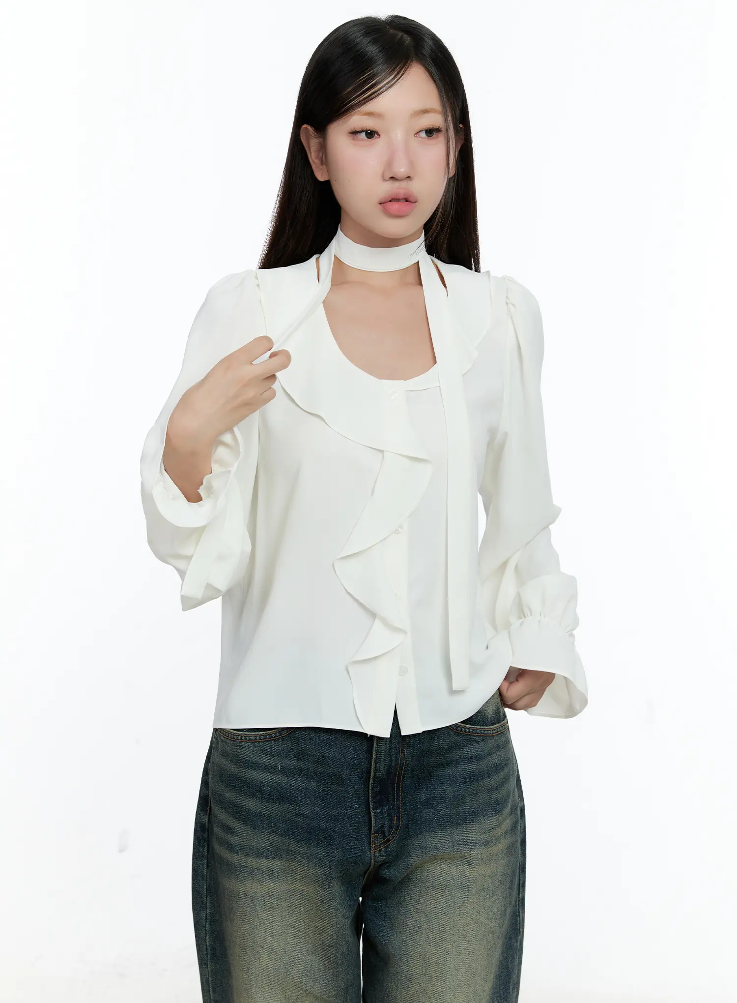 Ruffled Chiffon Blouse with Scarf Set CS518