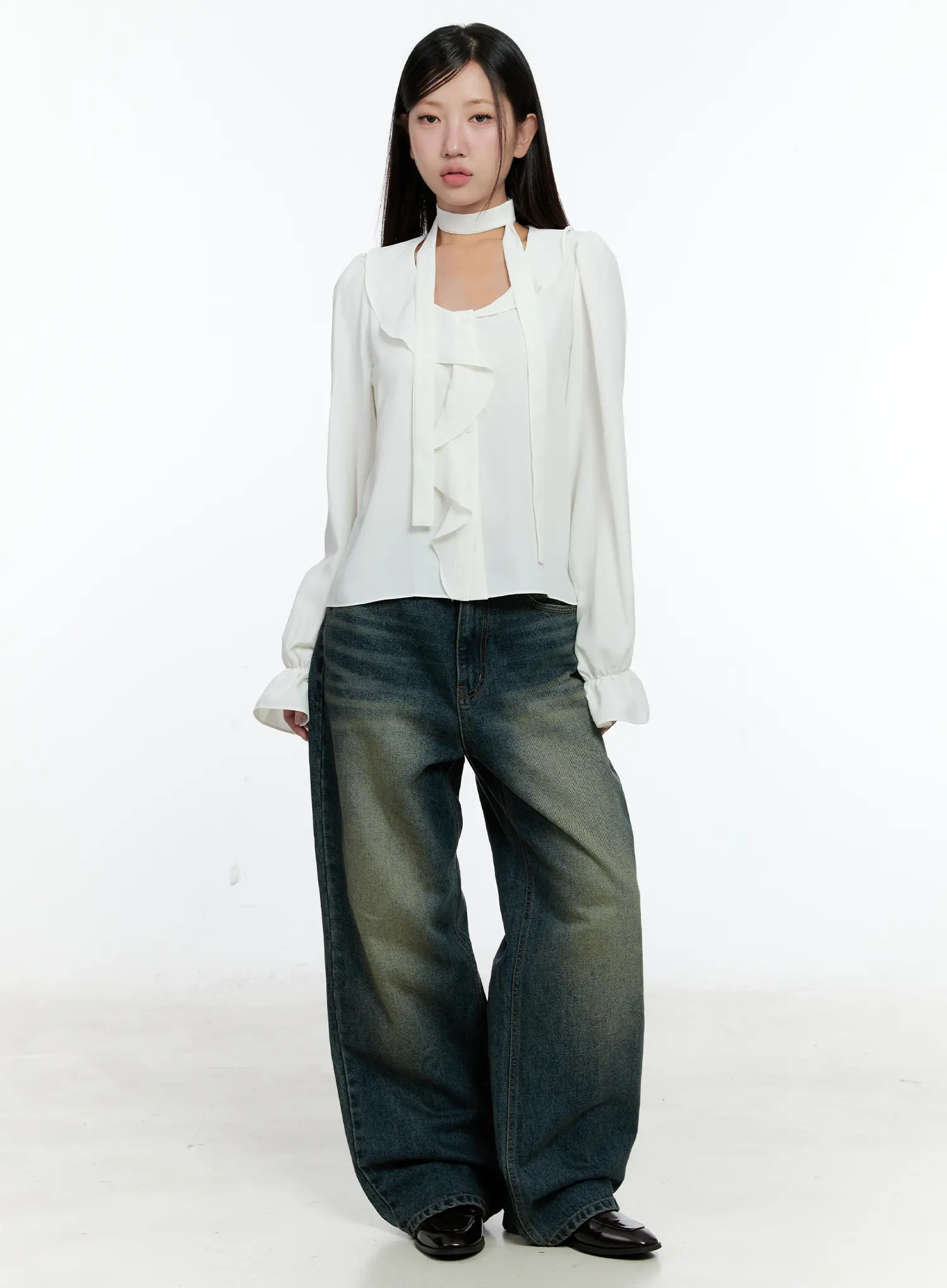 Ruffled Chiffon Blouse with Scarf Set CS518 - Image 3