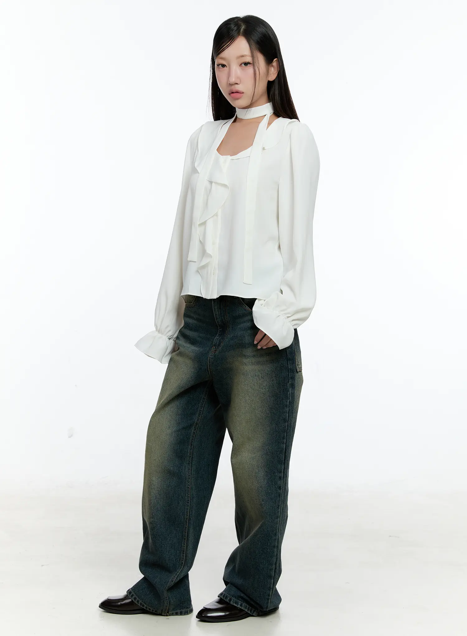 Ruffled Chiffon Blouse with Scarf Set CS518 - Image 4