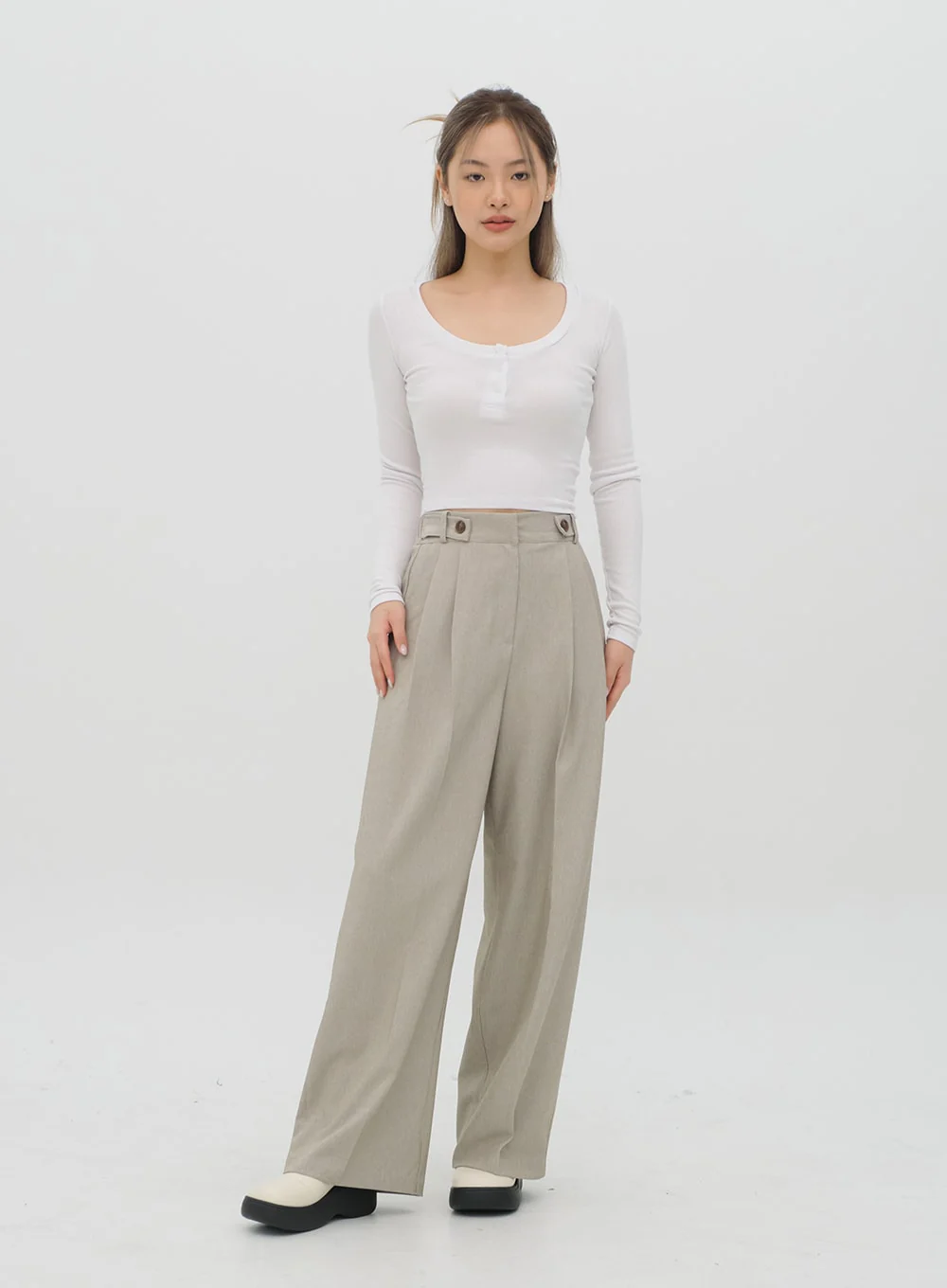 Scoop Neck Long Sleeve T Shirt with Front Buttons CM2 - Image 3