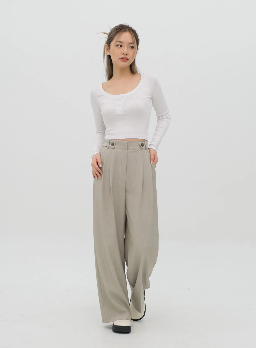 Scoop Neck Long Sleeve T Shirt with Front Buttons CM2 - Image 8