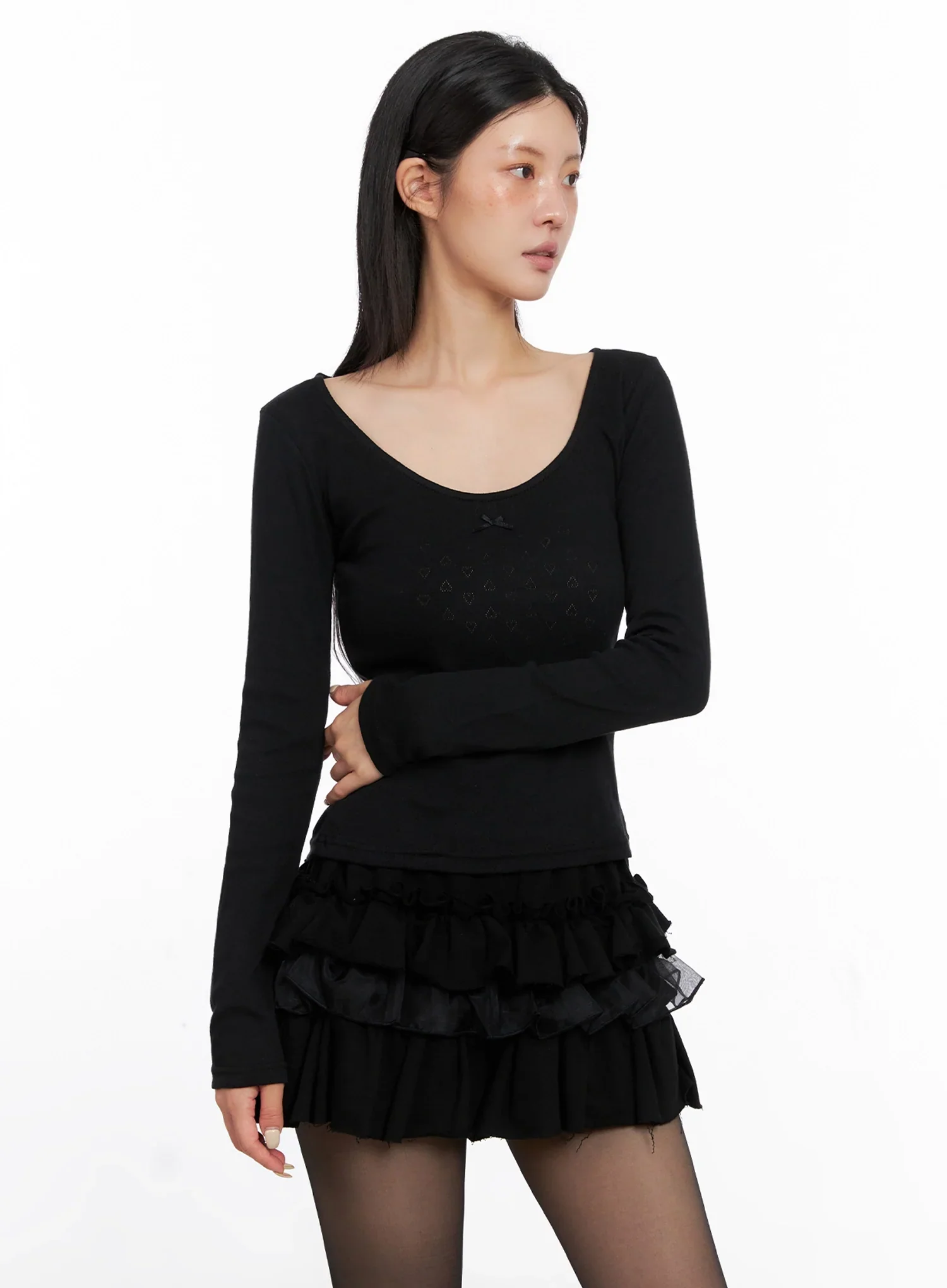 Scoop Neck Ribbed Long Sleeve Top IS508 - Image 3