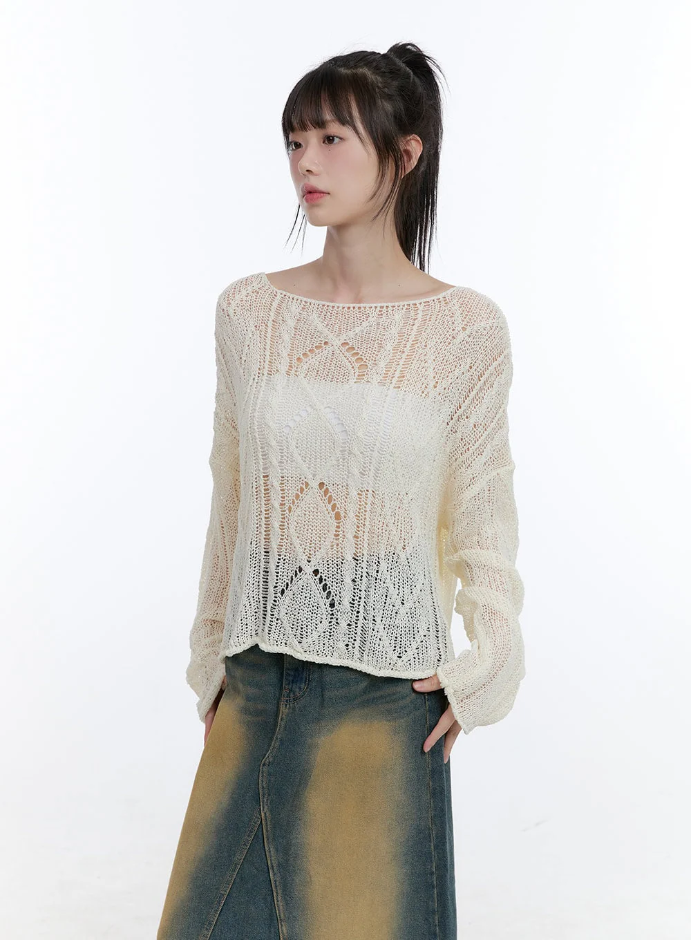 See-Through Knit Boat Neck Sweater CG413 - Image 5