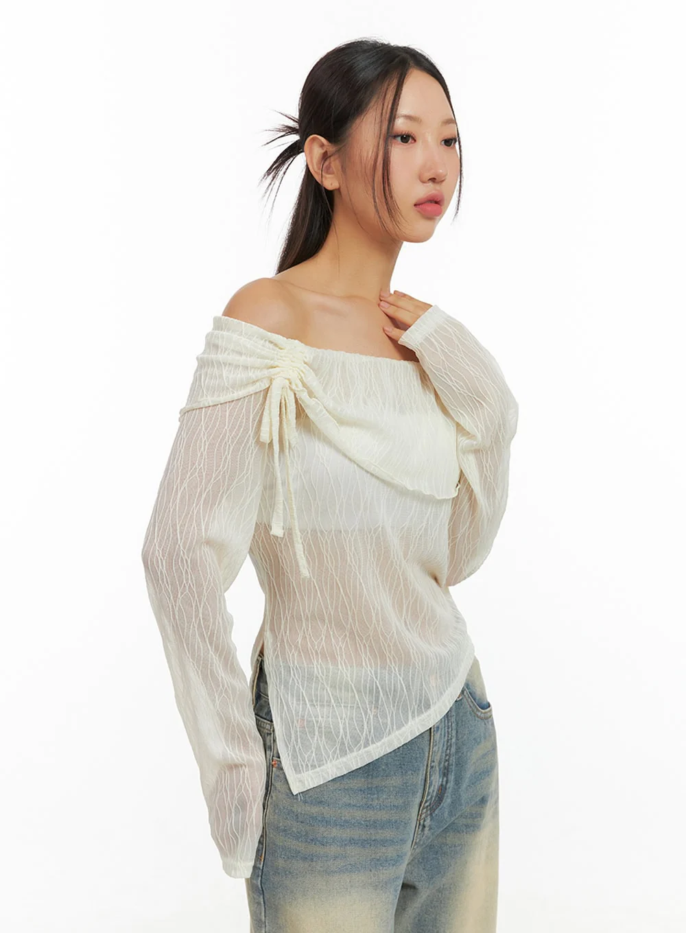See-Through Textured Off-Shoulder Top IS402 - Image 2