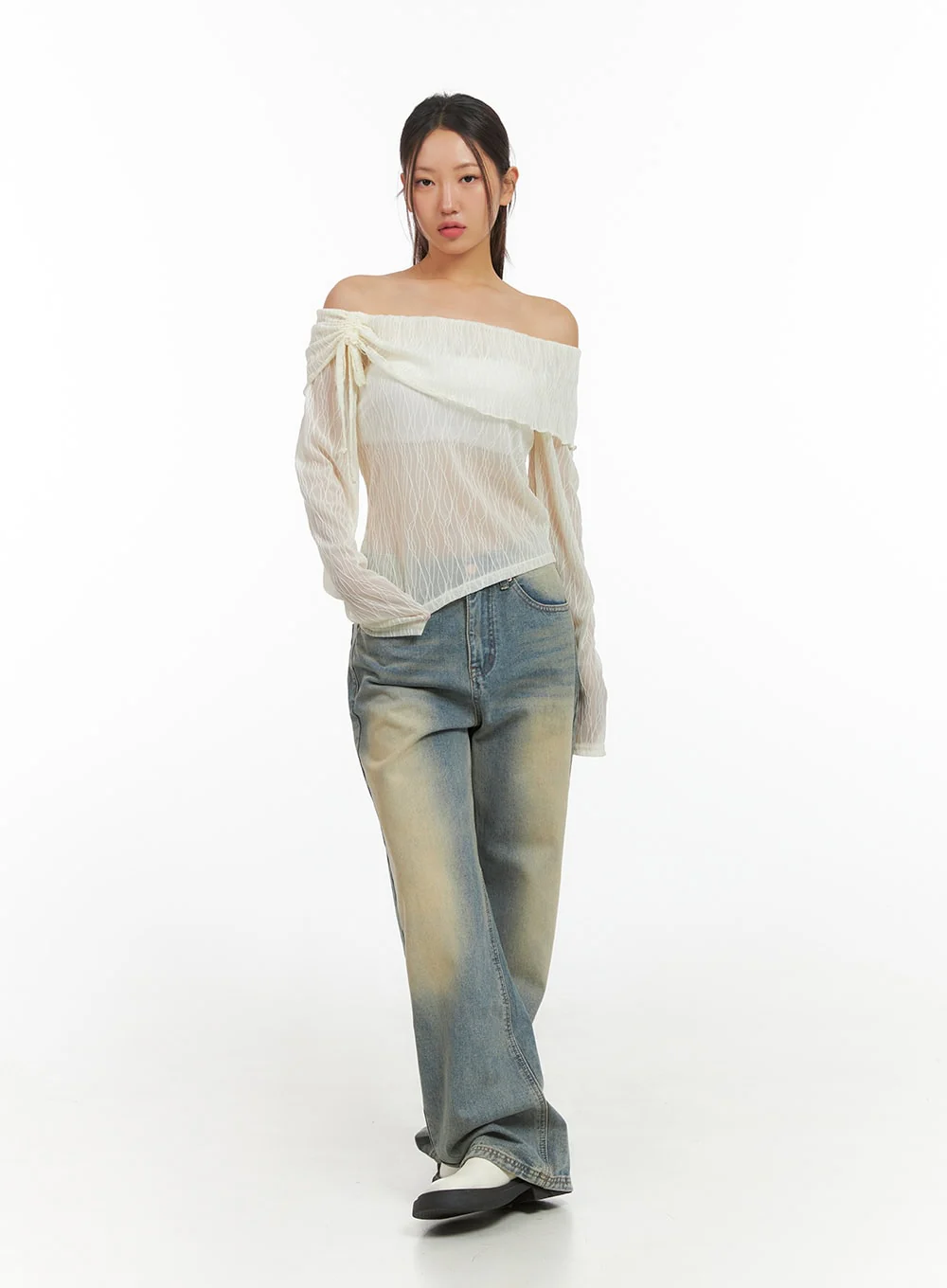 See-Through Textured Off-Shoulder Top IS402 - Image 3