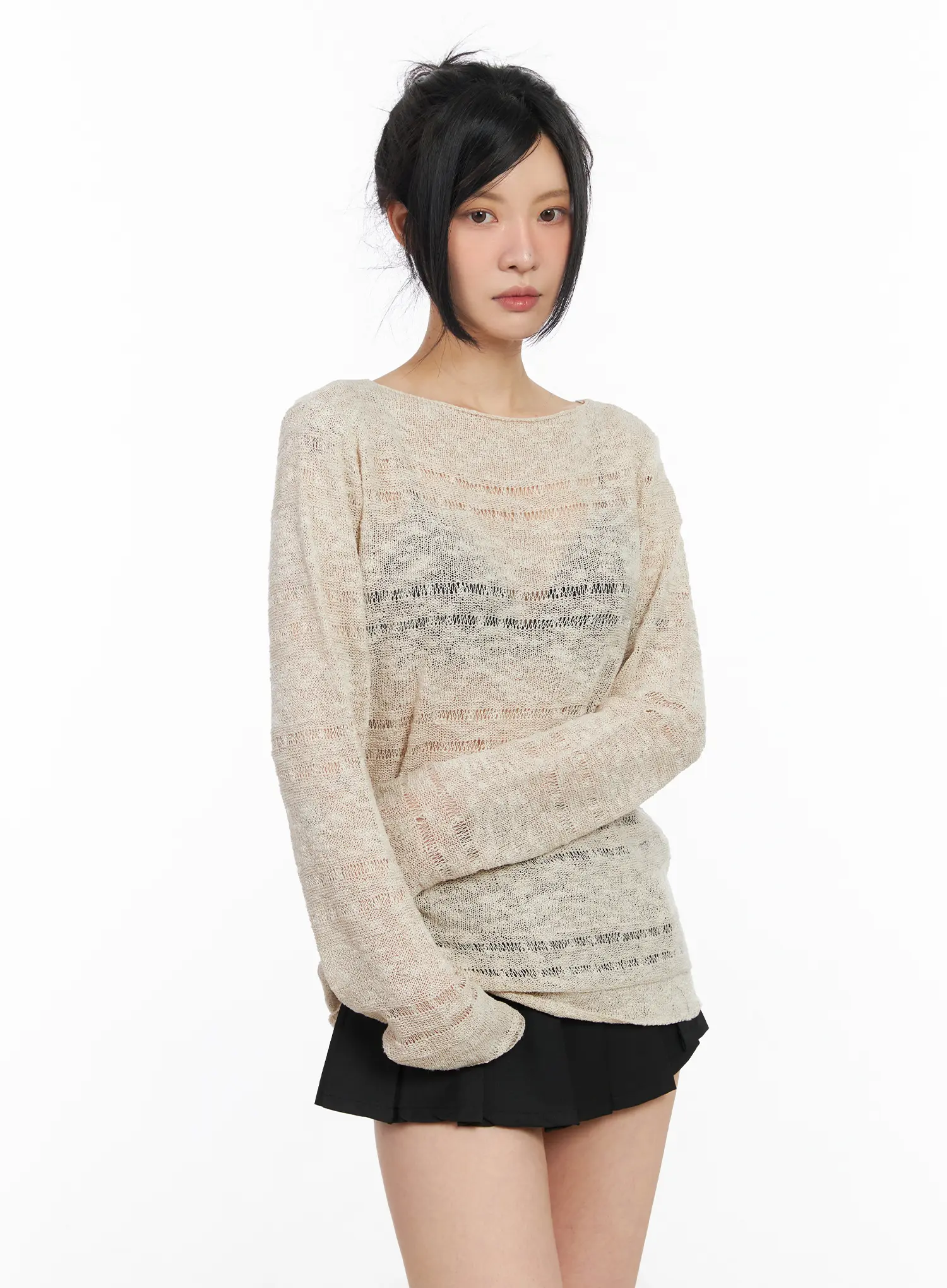 Sheer Boat Neck Long Sleeve Knit Top CM517 - Image 11