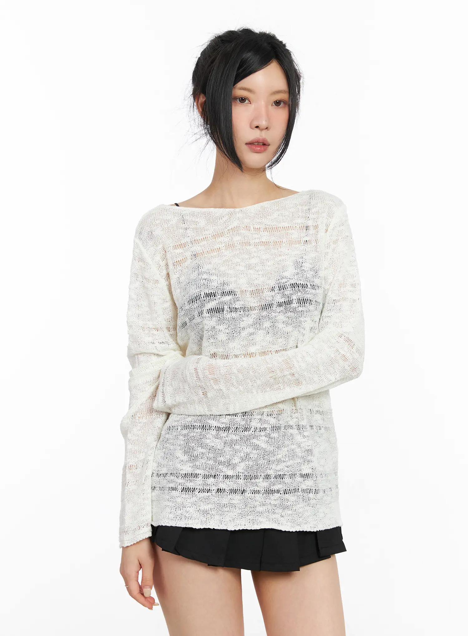 Sheer Boat Neck Long Sleeve Knit Top CM517 - Image 2