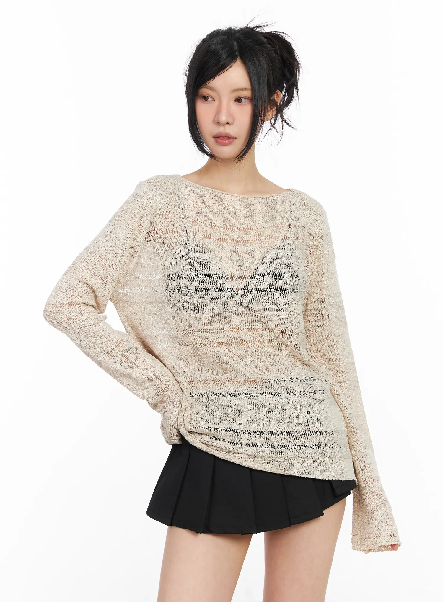 Sheer Boat Neck Long Sleeve Knit Top CM517 - Image 5