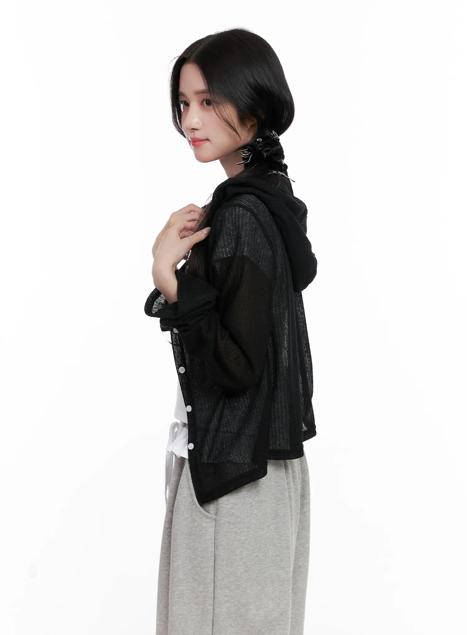 Sheer Button-Up Long Sleeve Zip-Up CL516 - Image 6