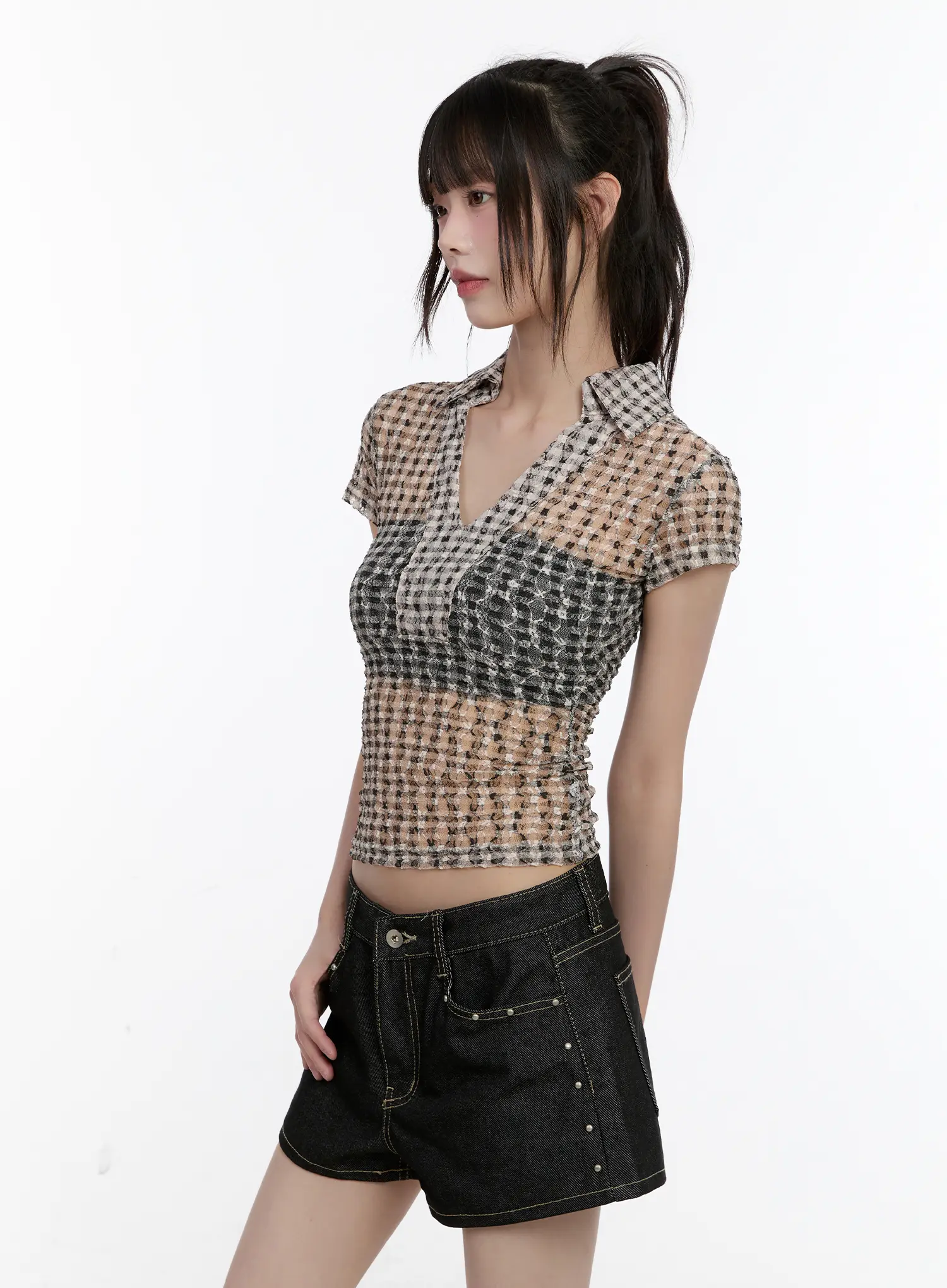 Sheer Checked Collar Tee CL504 - Image 6