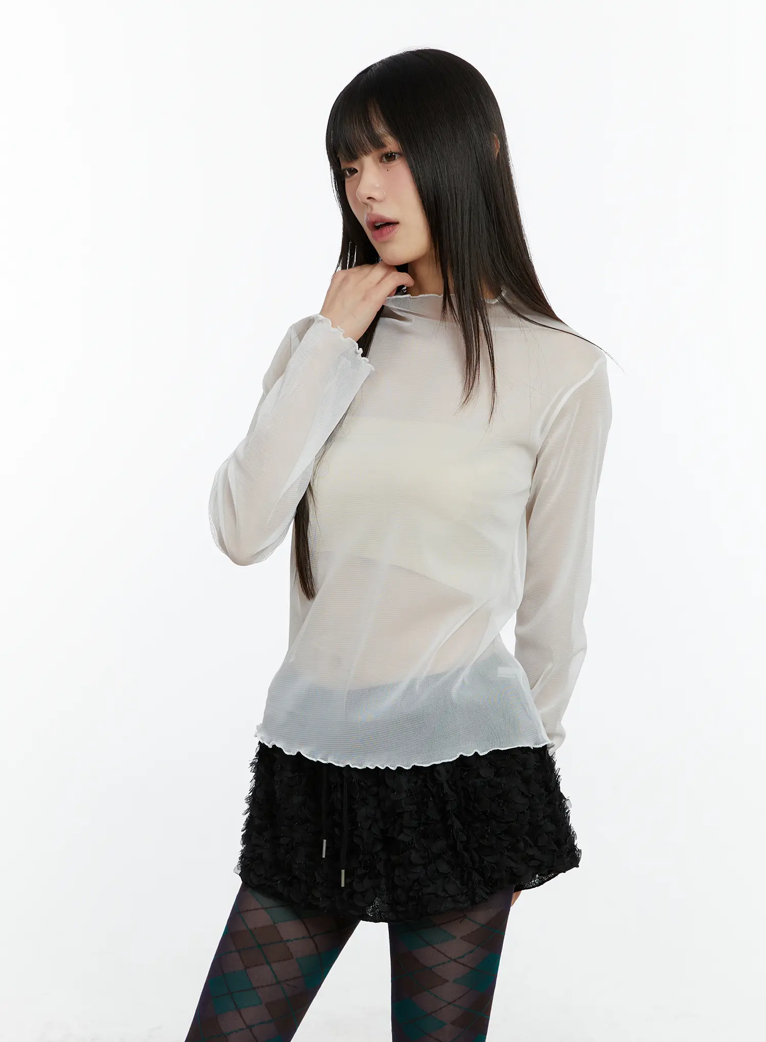 Sheer Mock Neck Long Sleeve Top CF509 - Image 2
