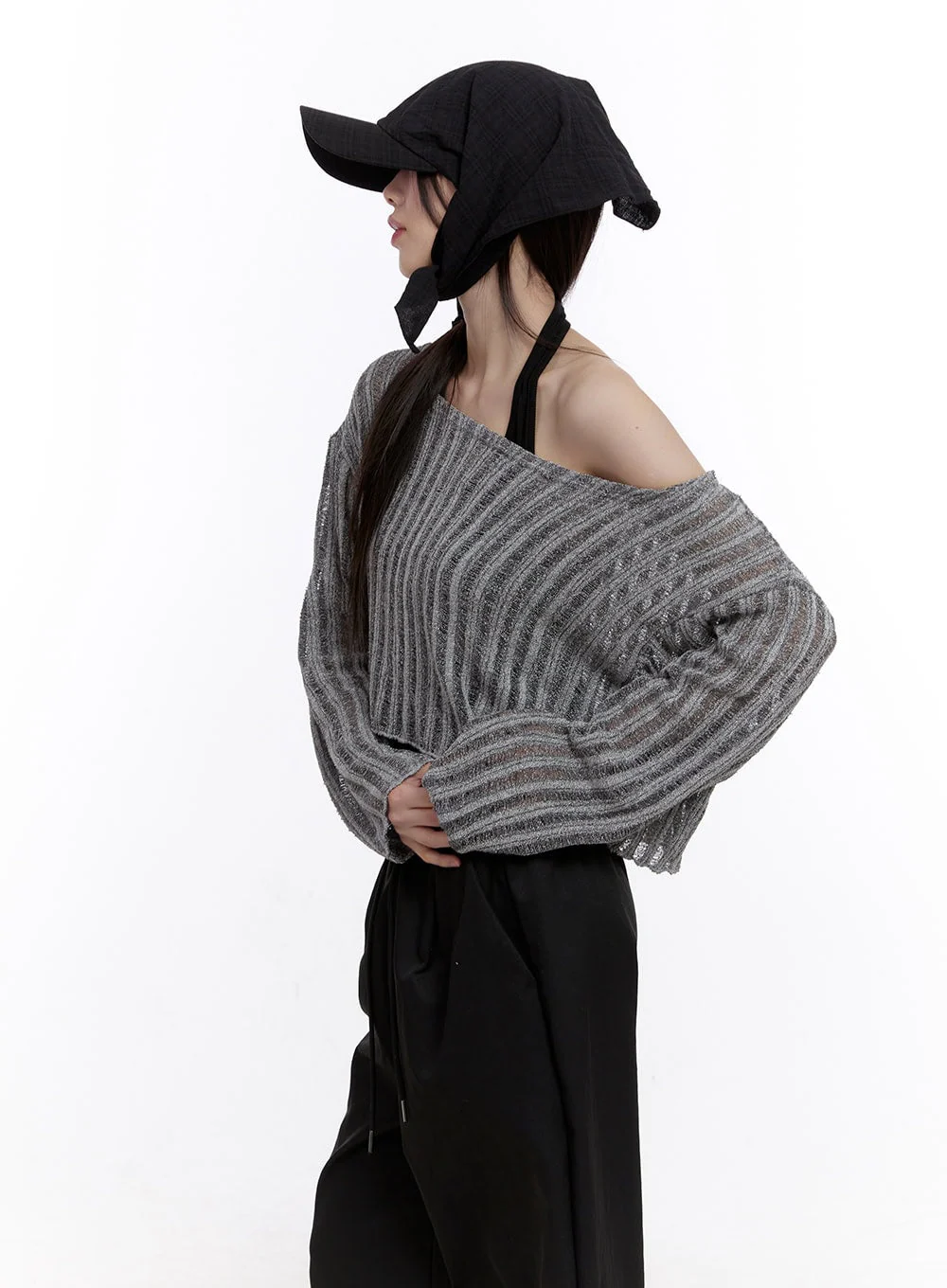 Sheer One-Shoulder Crop Sweater CF511 - Image 5