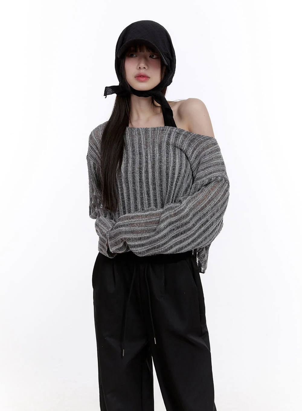 Sheer One-Shoulder Crop Sweater CF511 - Image 7