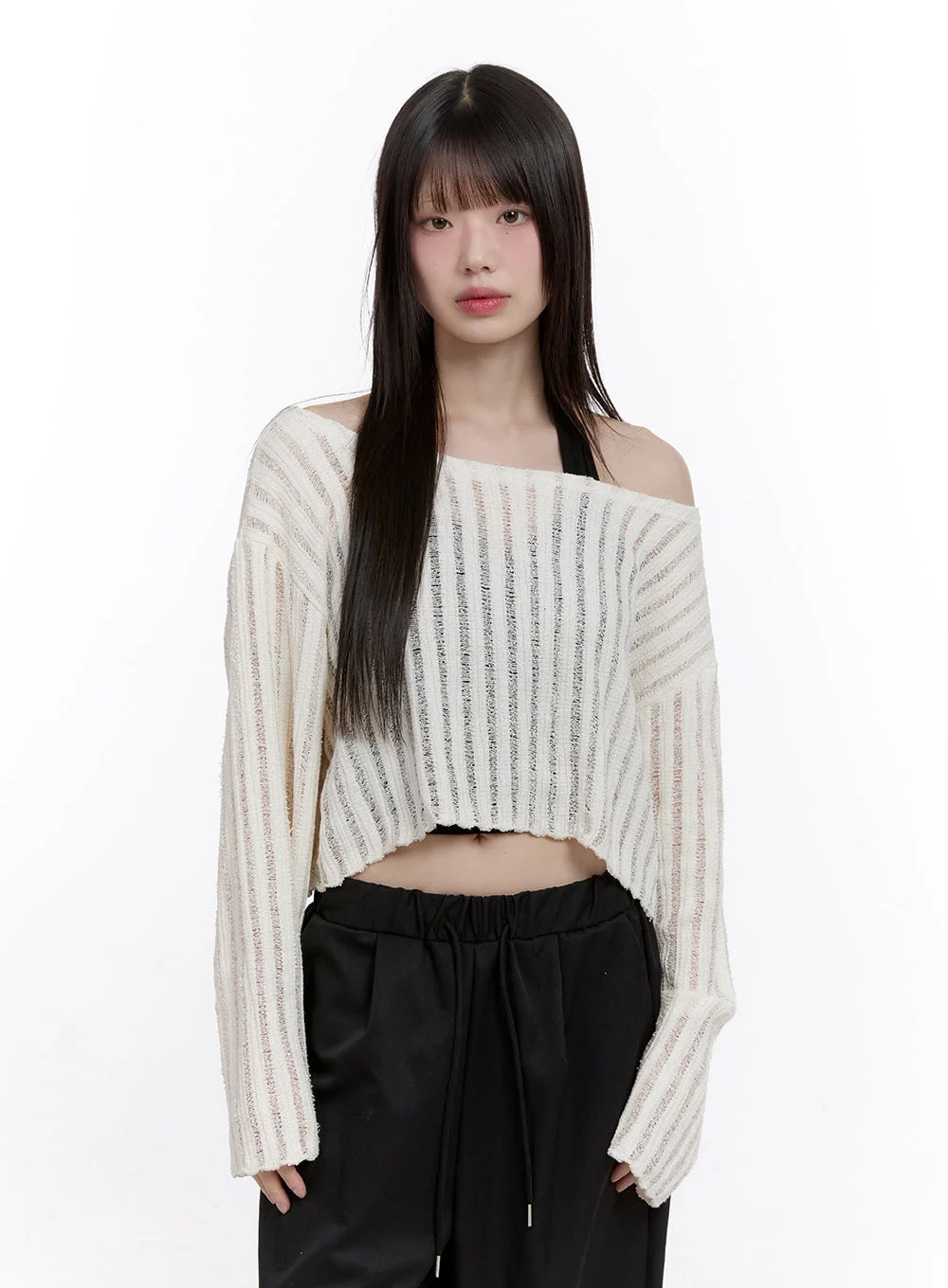 Sheer One-Shoulder Crop Sweater CF511 - Image 9