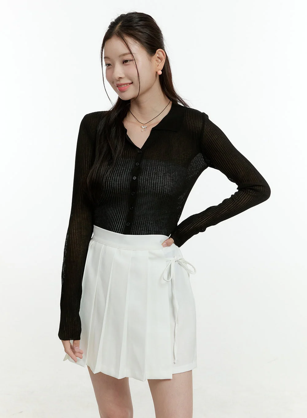 Sheer Ribbed Buttoned Cardigan OL430 - Image 4