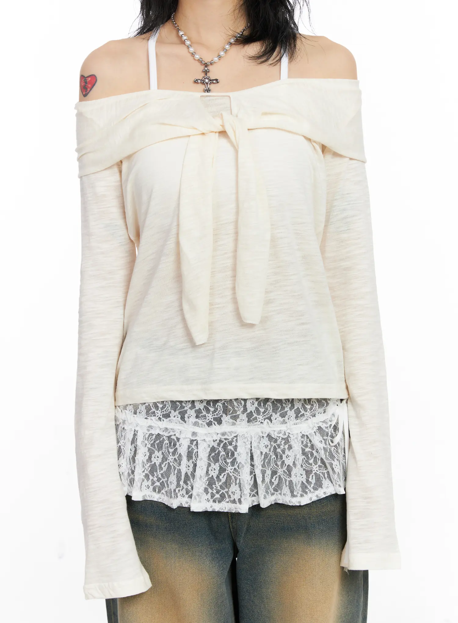 Sheer Ribbon Off-Shoulder Long Sleeve Top CJ522 - Image 4