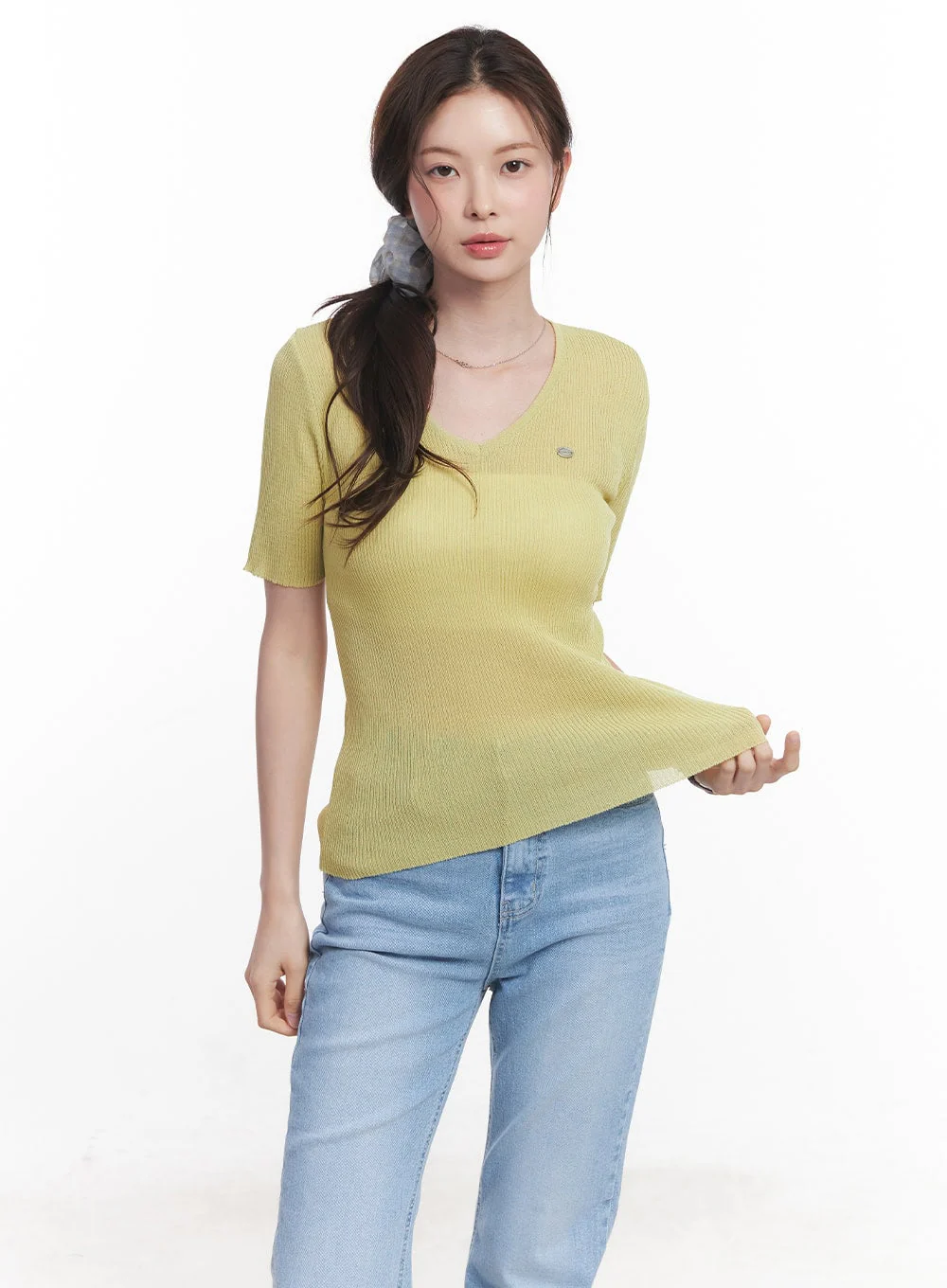 Sheer V-Neck Linen Short Sleeve Sweater CY519 - Image 10
