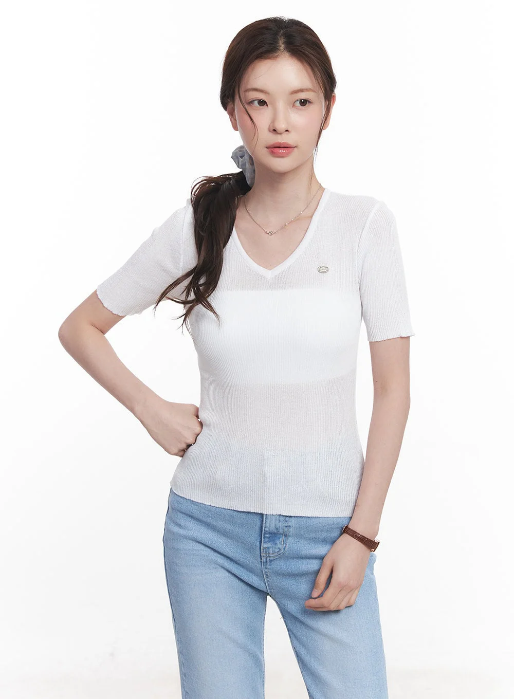Sheer V-Neck Linen Short Sleeve Sweater CY519 - Image 3