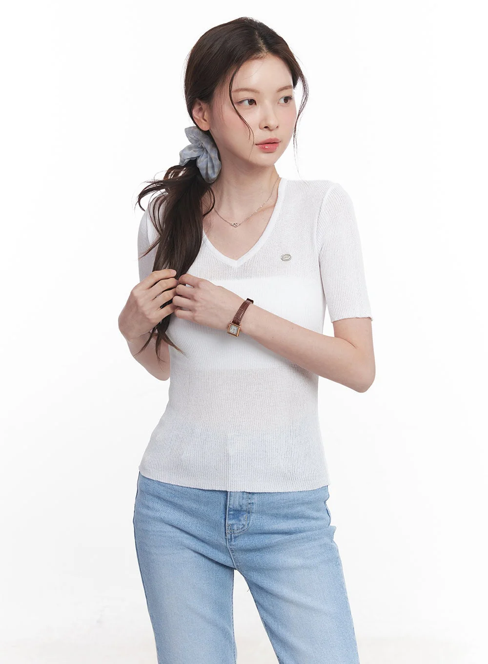 Sheer V-Neck Linen Short Sleeve Sweater CY519 - Image 9