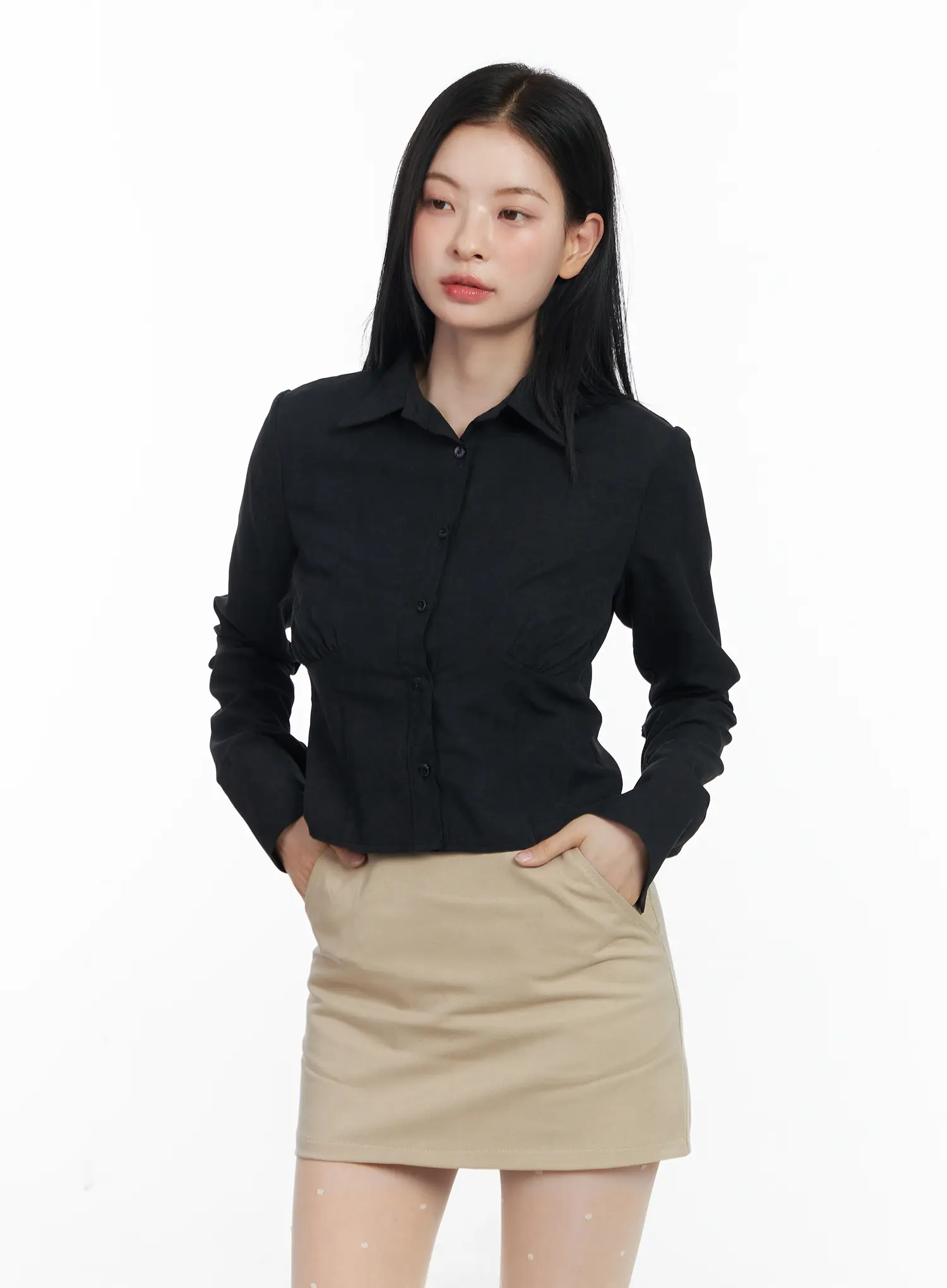 Shirred Back Buckle Crop Long Sleeve Blouse CJ520 - Image 12