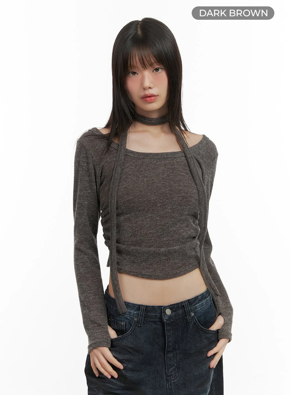 Shirred Cropped Long Sleeve Top with Choker Set CO410 - Image 10