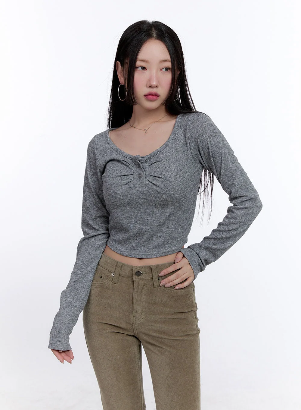 Shirred Long-Sleeve Buttoned Crop Tee CJ513 - Image 8