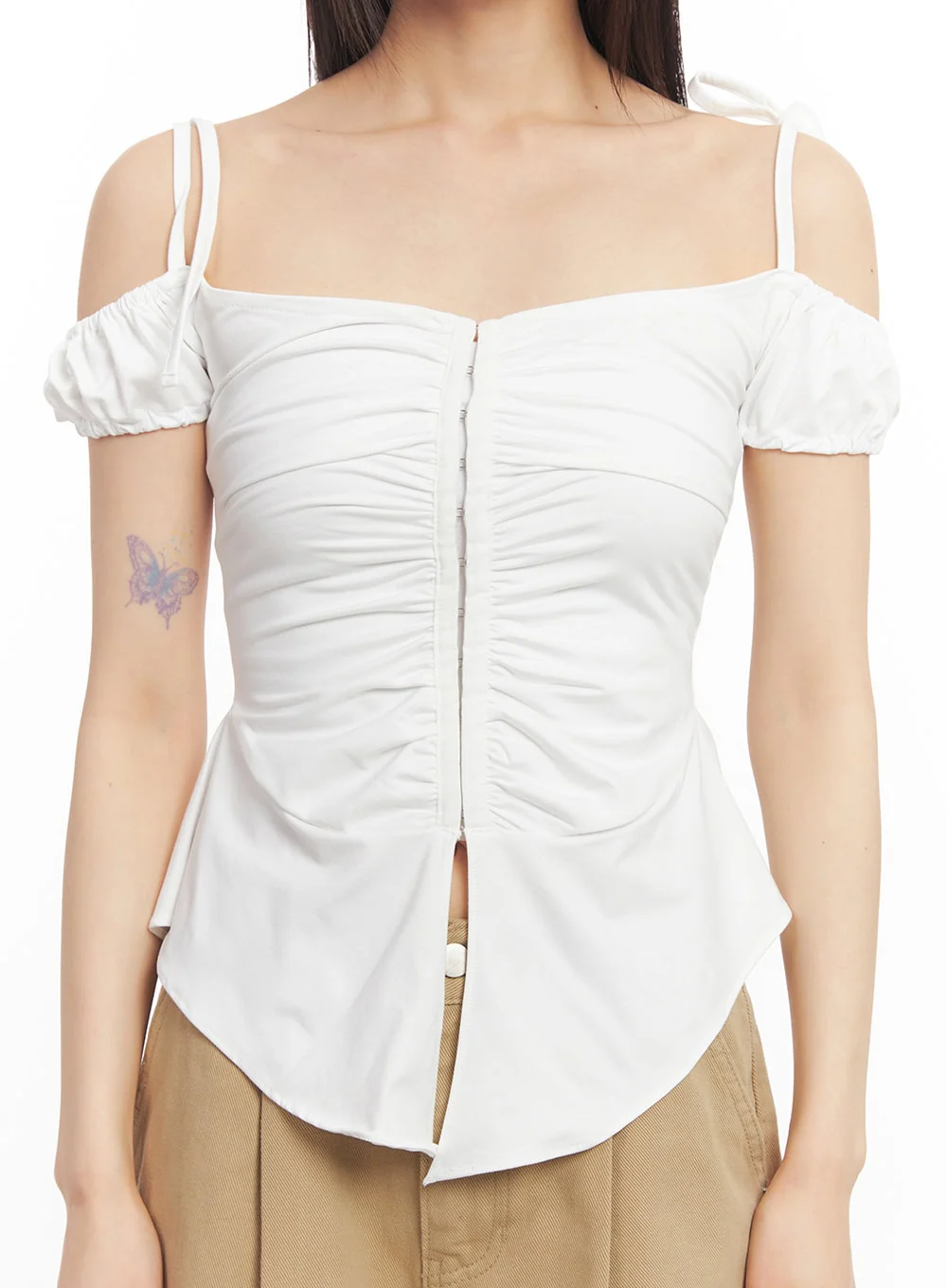 Shirred Off-Shoulder Puff-Sleeve Top CA523 - Image 8
