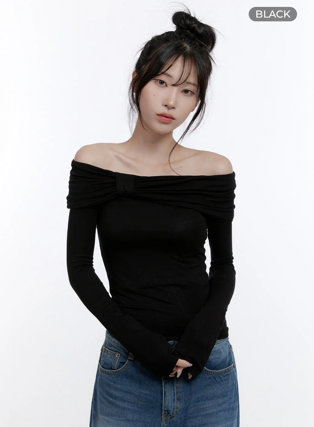 Shirred Off-Shoulder Solid T-Shirt CO419 - Image 10