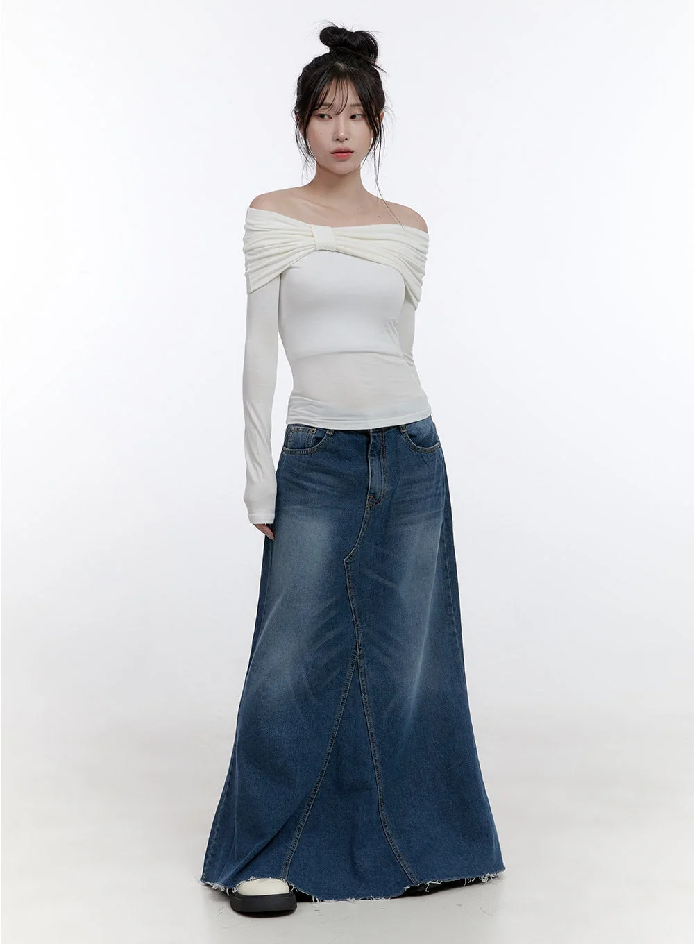 Shirred Off-Shoulder Solid T-Shirt CO419 - Image 2
