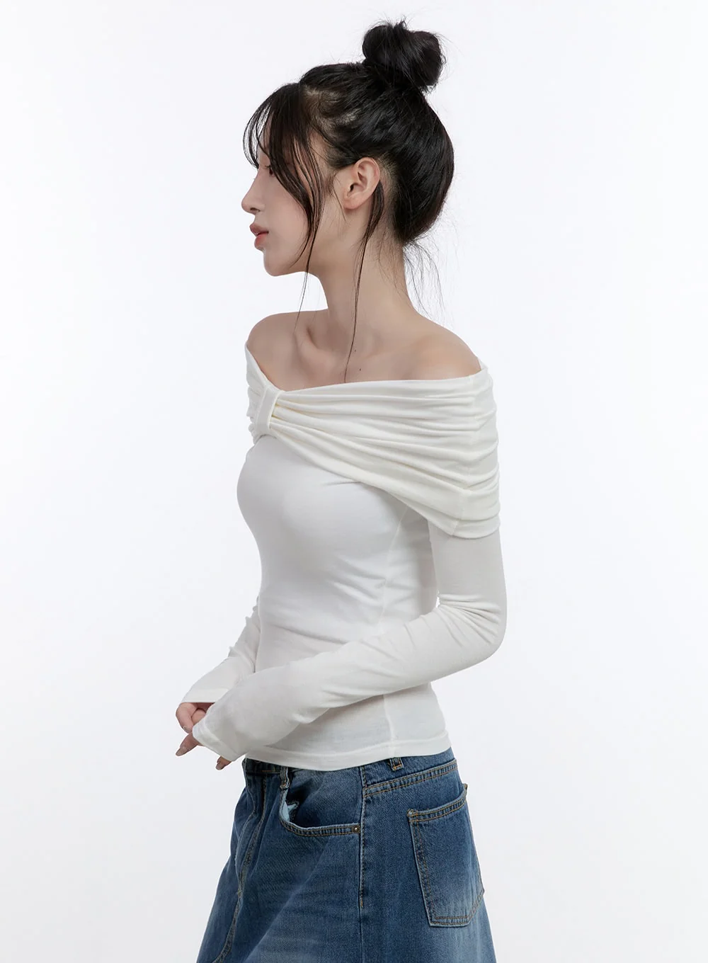 Shirred Off-Shoulder Solid T-Shirt CO419 - Image 5