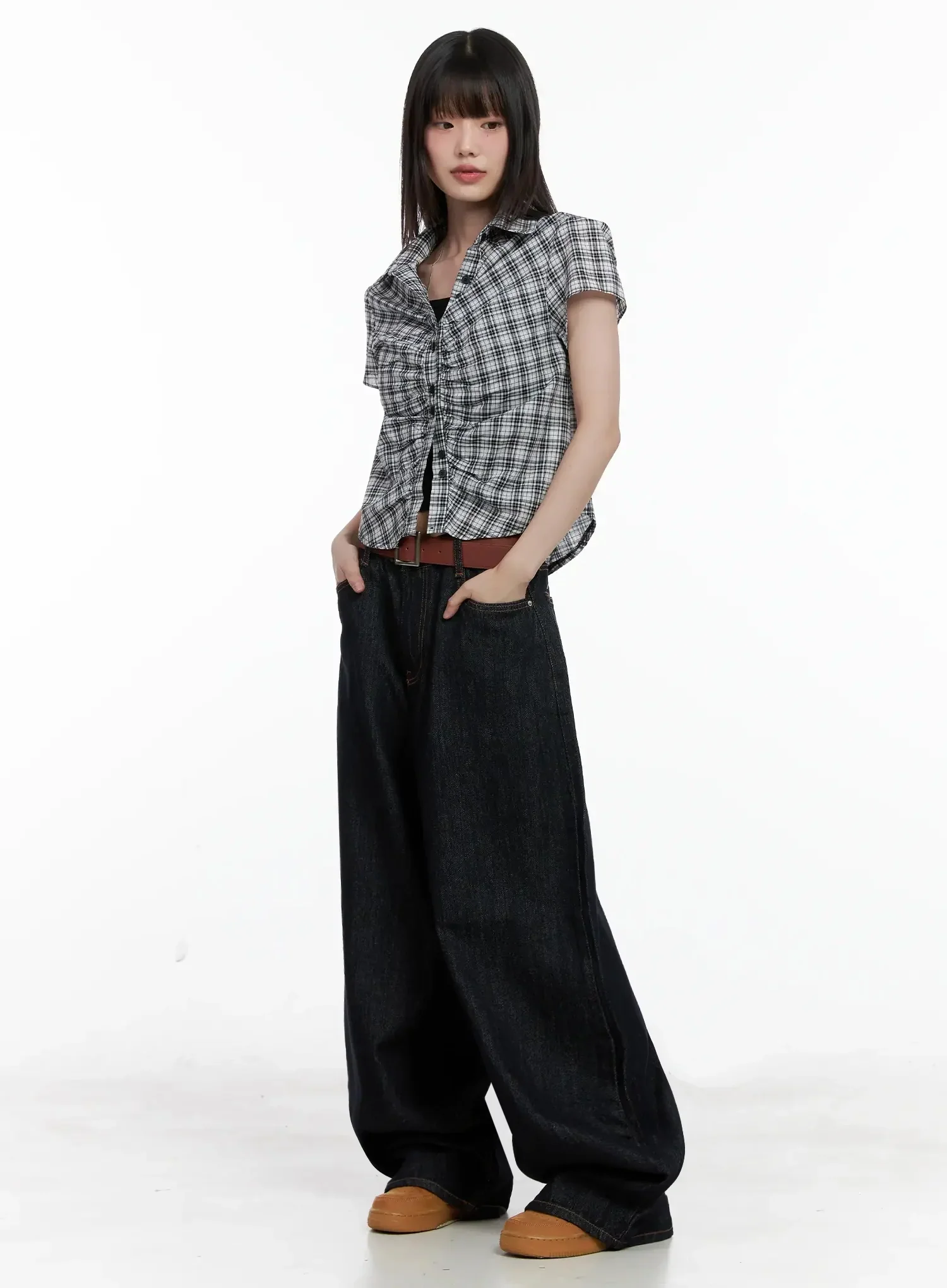 Shirred Plaid Button-up Blouse IL531 - Image 13